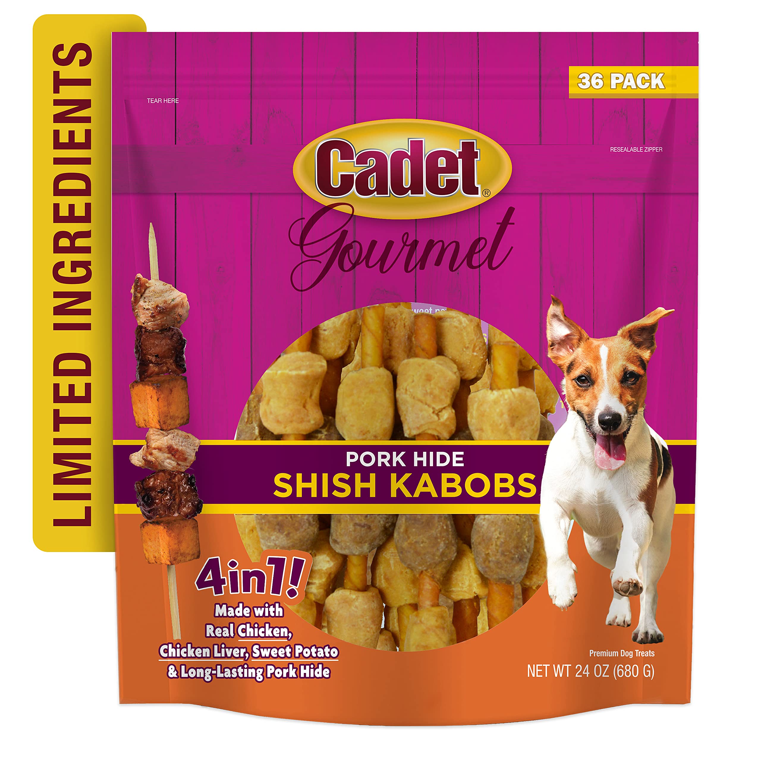 Cadet Gourmet Shish Kabob Dog Chews for Small Dogs, Rawhide Treats with Chicken, Duck and Sweet Potato, Healthy & Natural Pork H