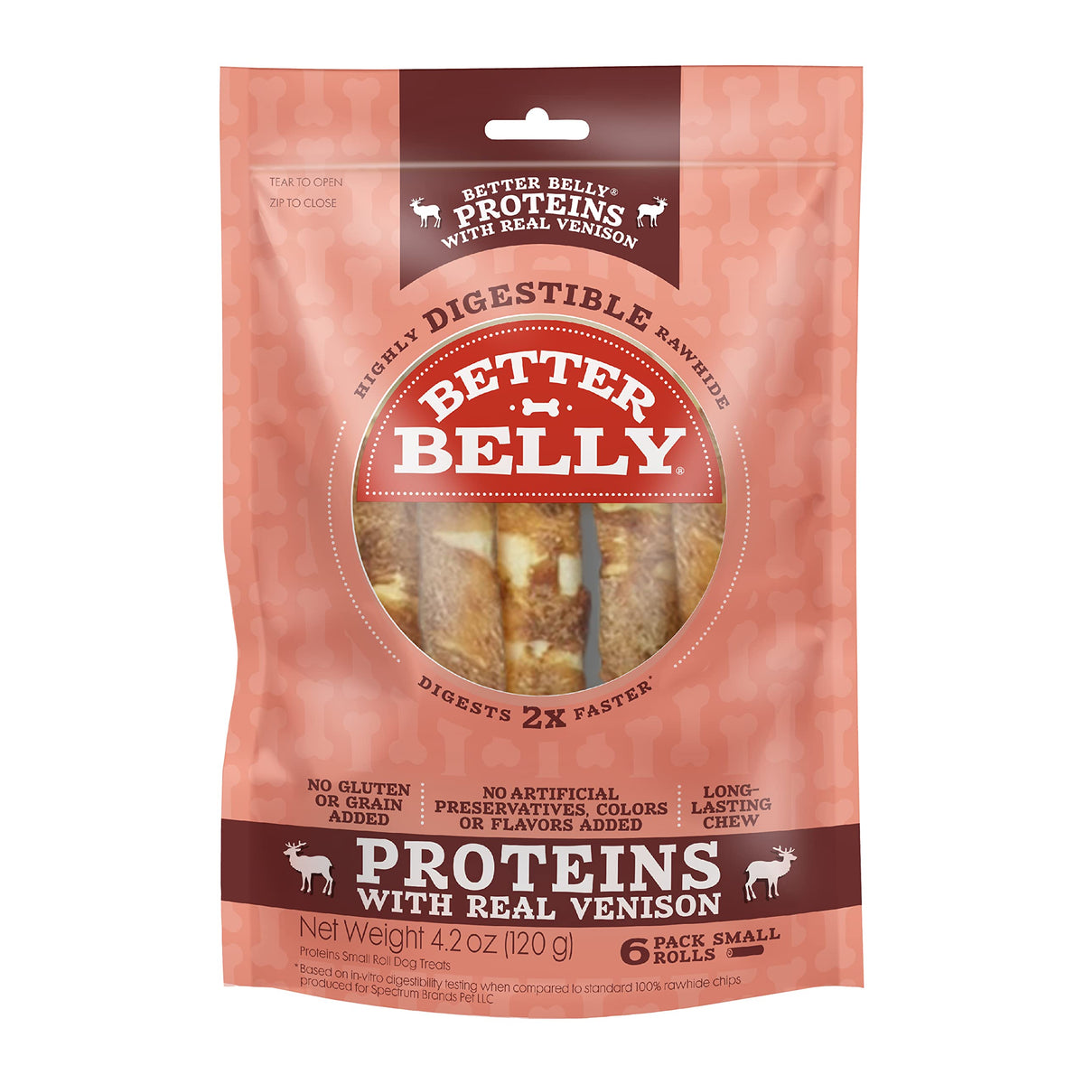 Better Belly Proteins With Real Venison Small Rolls 6 Count, Digestible Rawhide For Dogs, 4.2 Oz