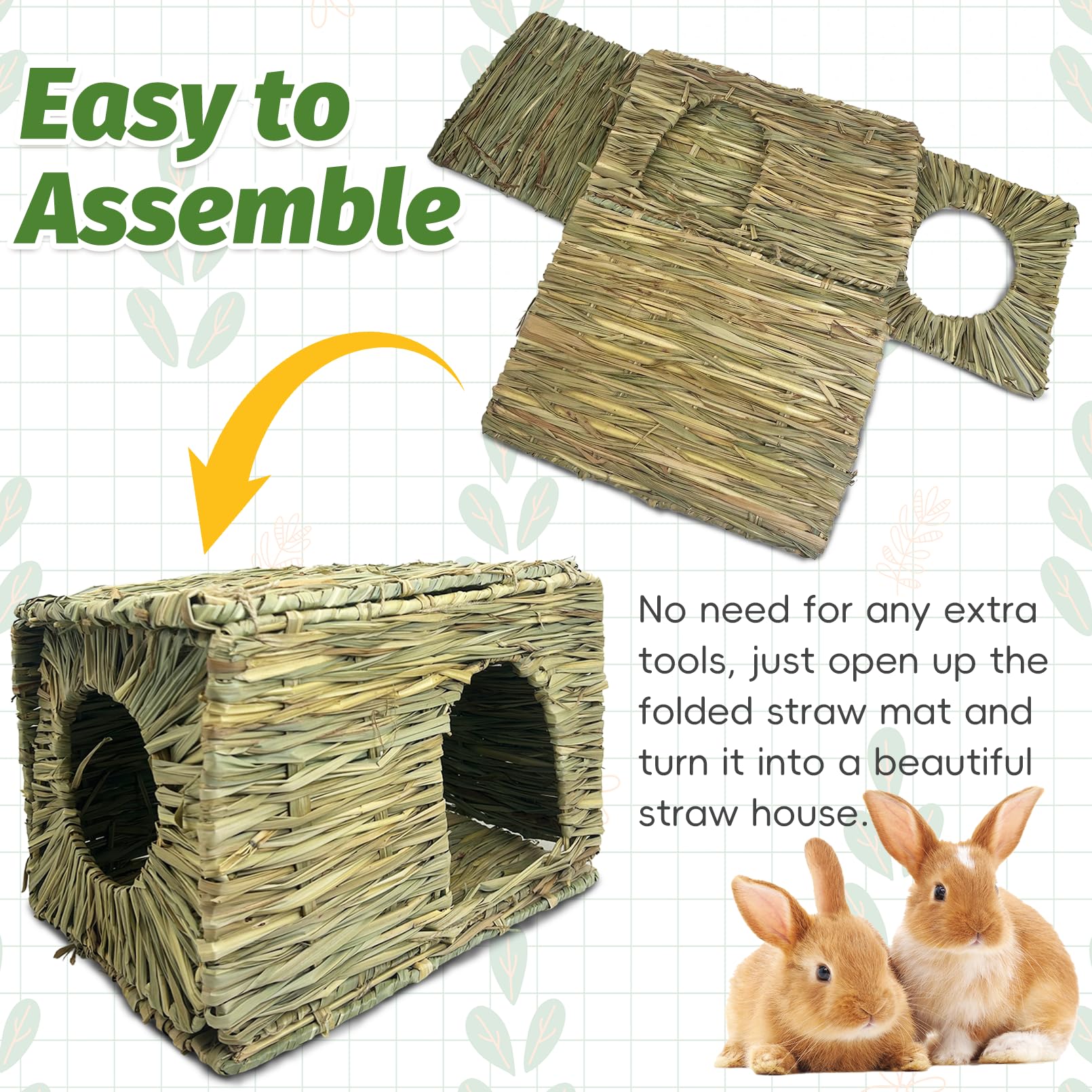 Hamiledyi Large Rabbit Grass House Hand Woven Natural Bunny Hut Foldable Play Bed Safe Cozy Hideaway Hay Mat Chew Toys For Hamst