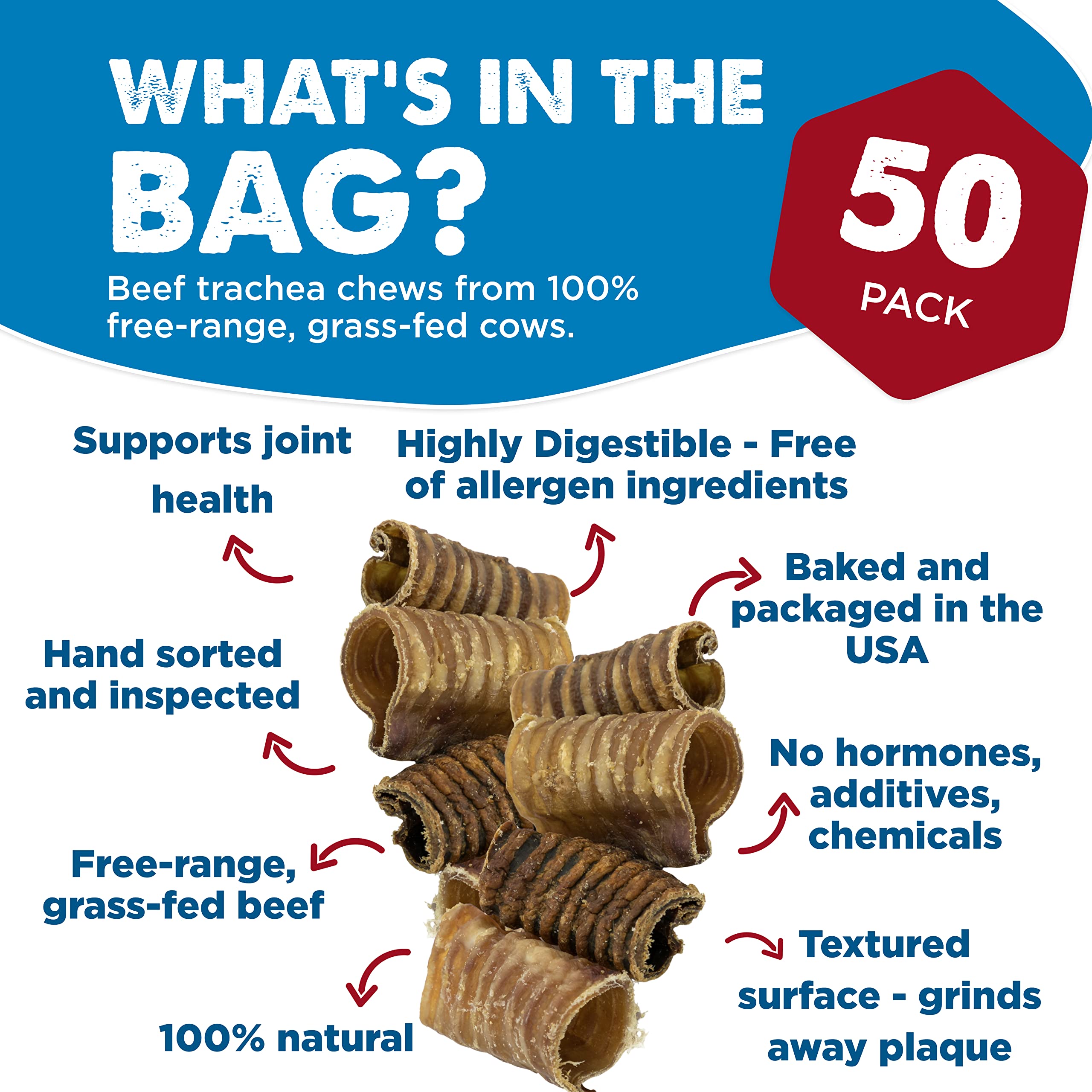 Best Bully Sticks Premium 3 Inch Beef Trachea - 50 Count (Pack of 1) - All-Natural, Grain-Free, Single-Ingredient Treat, Support