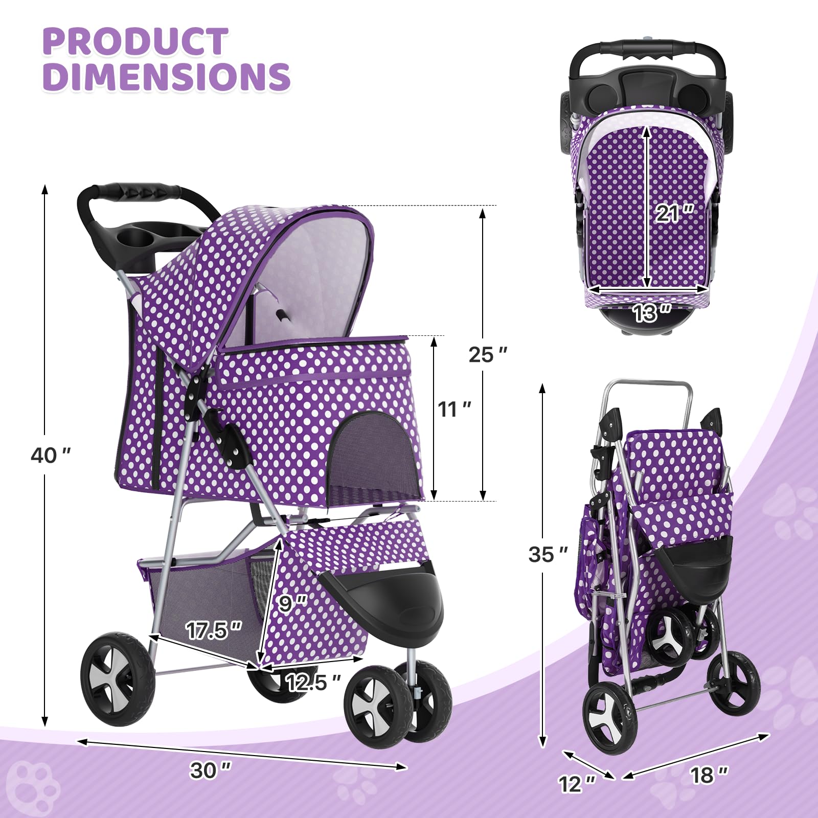 Magshion 3-Wheel Pet Stroller, Foldable Travel Jogger For Small & Medium Dogs & Cats (Up To 33Lbs), Lightweight Carrier With Bre