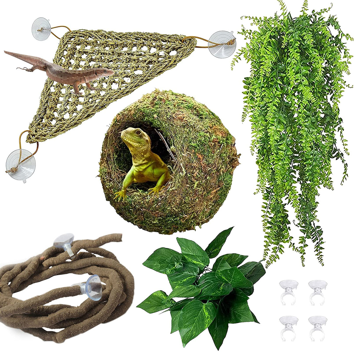 Hamiledyi Reptile Moss Cave Hide,Crested Gecko Habitat Hammock Green Moss Accessories Plastic Terrarium Plant Vines For Small Bearded-Dragon,Snakes,Chameleon Climbing Hibernation Sleeping