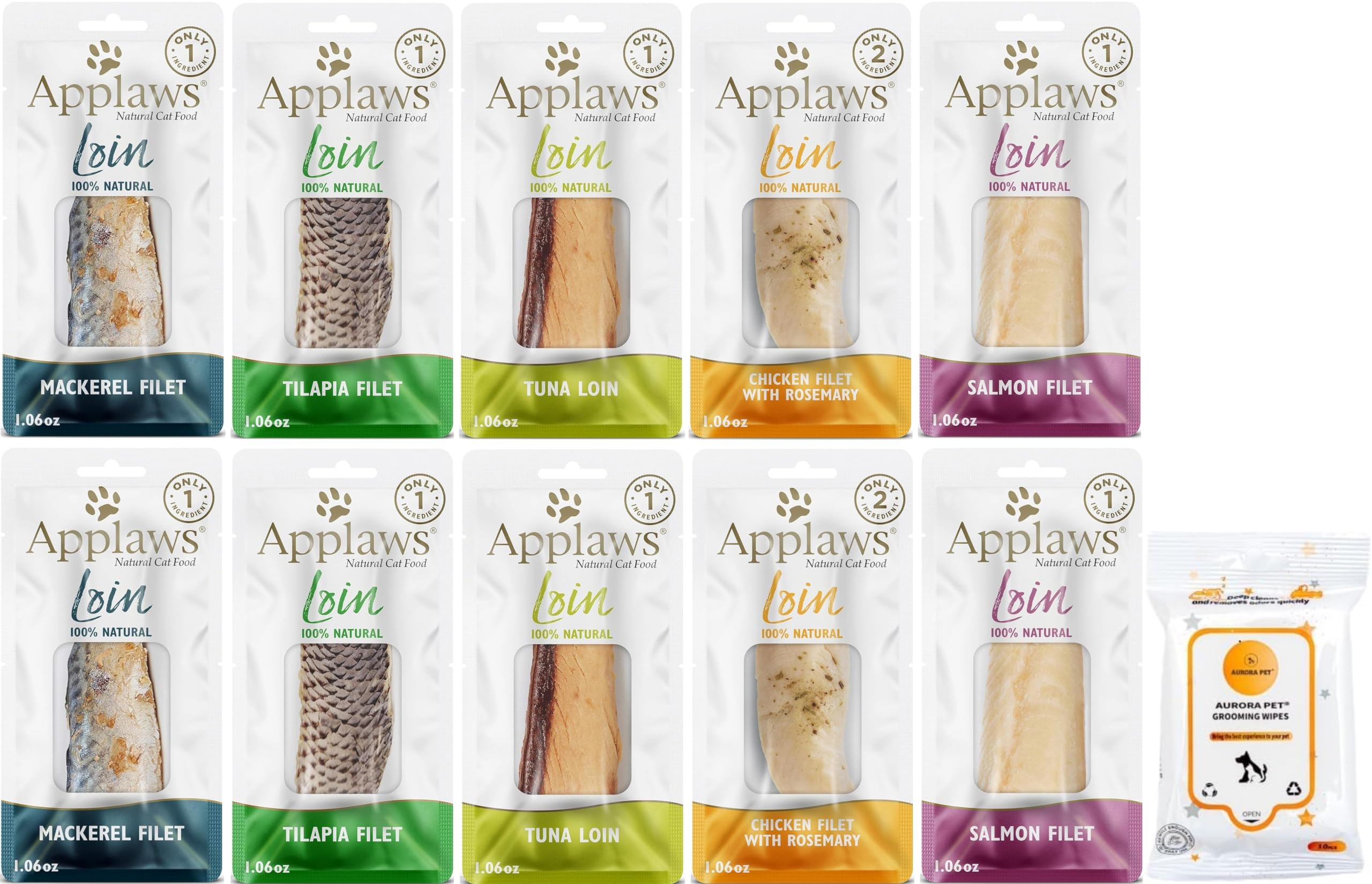 Aurora Pet Variety Pack (10) Applaws Loin Grain-Free Cat Treats (1.06-oz Each) with AuroraPet Wipes