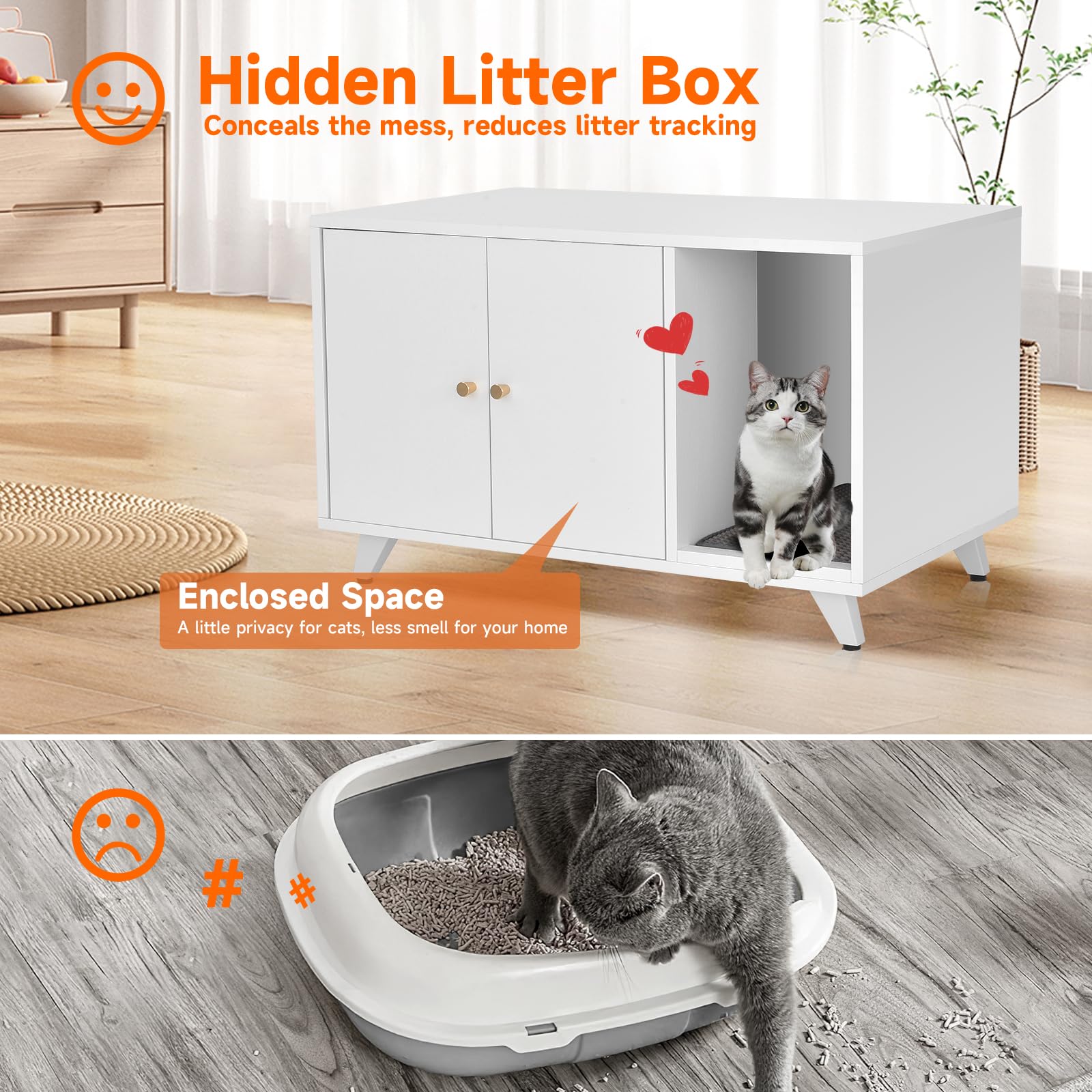 Quicmiou Cat Litter Box Enclosure, Hidden Litter Box Furniture Washroom Storage Cabinet, Modern Cat House With Scratche Pad (Whi