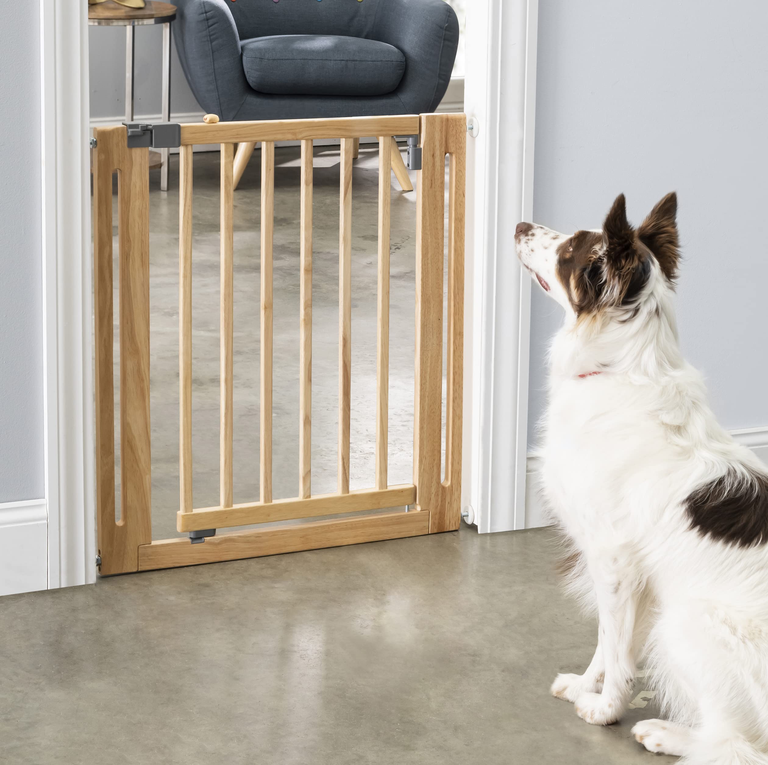 Nani Dog Gate - Indoor Pet Barrier, Expandable To 38, Walk Through Swinging Door, Extra Wide, Pressure Mounted, Walls, Stairs.