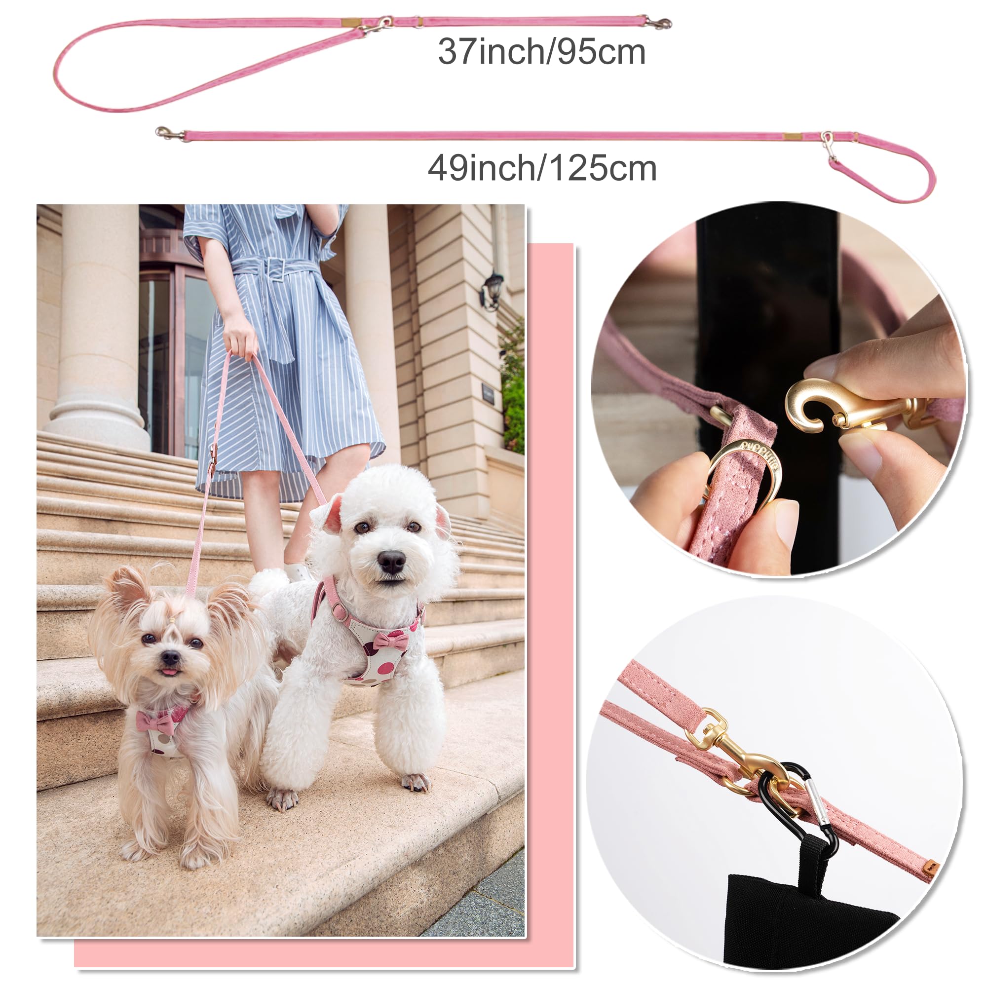 No Pull Xs Dog Harness With Multifunction Dog Leash,Soft Adjustable No Choke Escape Proof Pet Harness Vest,Suede Bow Pink,Xxs