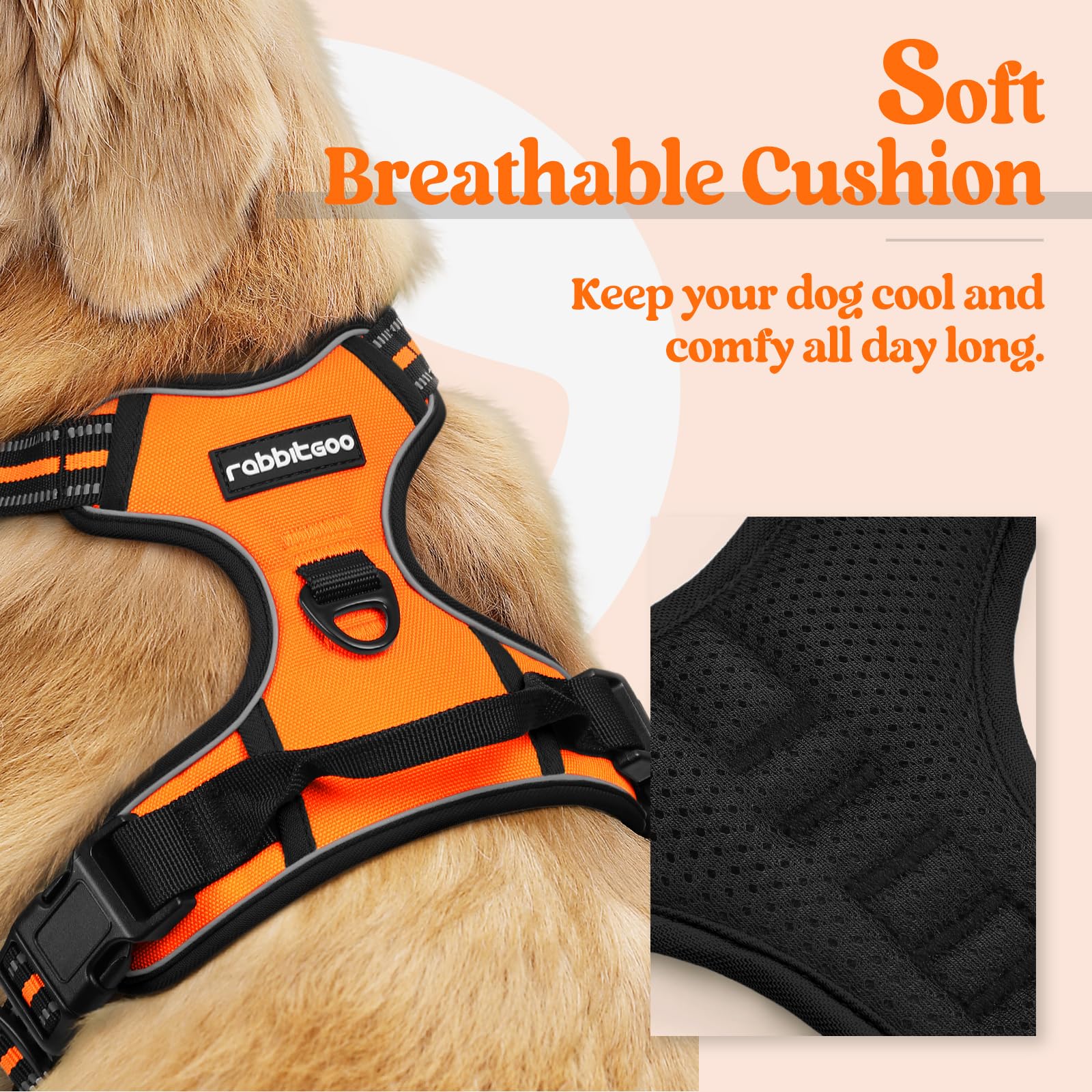 Rabbitgoo Dog Harness No Pull With 2 Leash Clips, Adjustable Soft Padded, Reflective Oxford No Choke Pet Vest With Easy Control Handle For Large Dogs, Orange, Xl