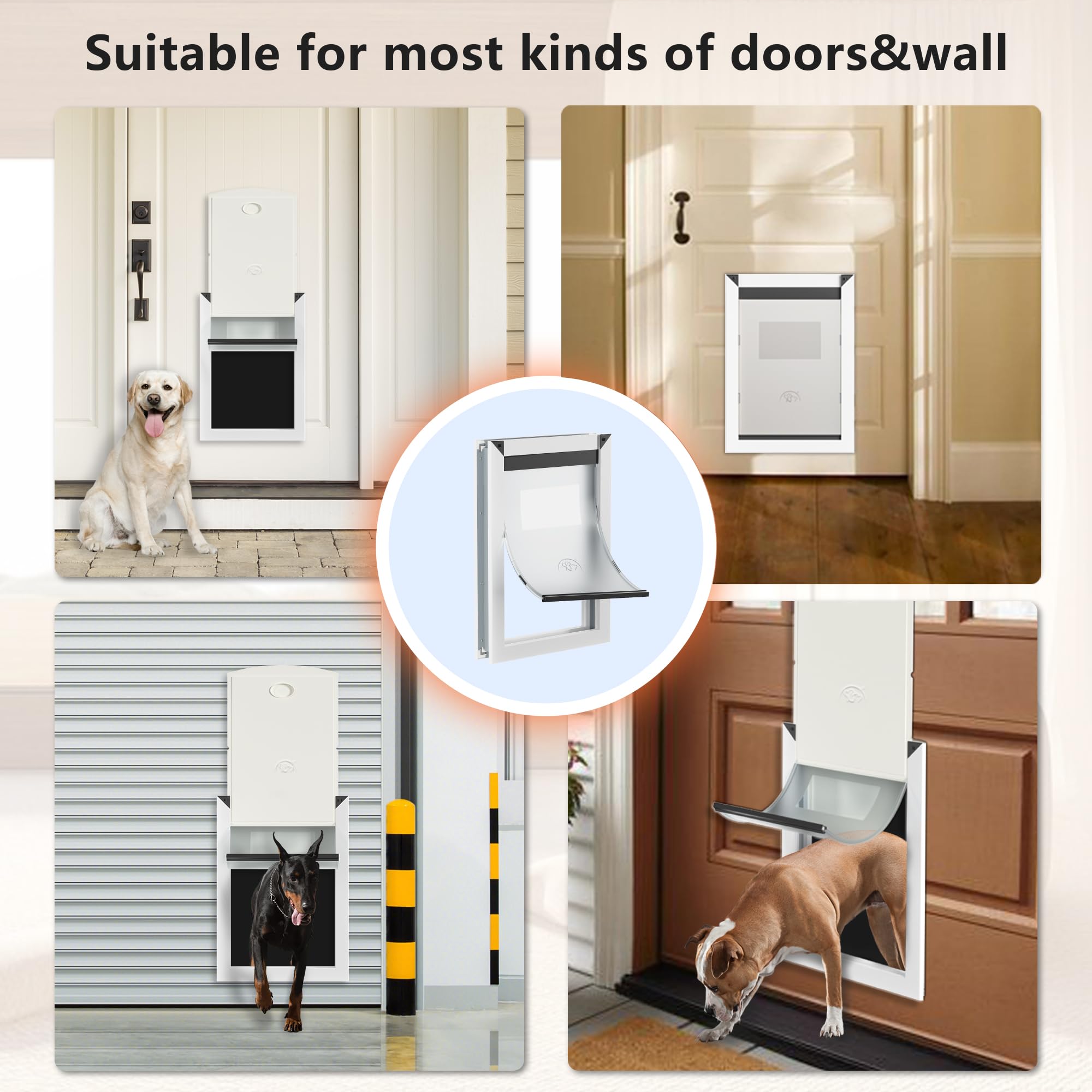 RESCUMASCER Aluminum Dog Door - Large White with Double Magnetic Flaps & Sliding Lock Panels, Pet Door for Dogs & Cats up to 40lbs (Model: RELAL32-1S