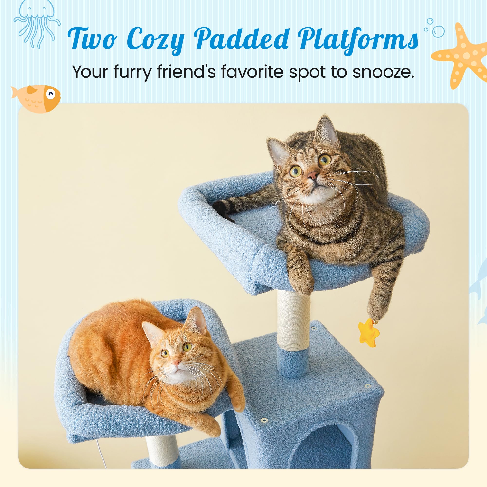 Mwpo Ocean-Themed Cat Tree, 70.1-Inch Multi-Level Tall Tower For Indoor Cats, Plush Cat Condo With Big Padded Perches, Sisal-Cov