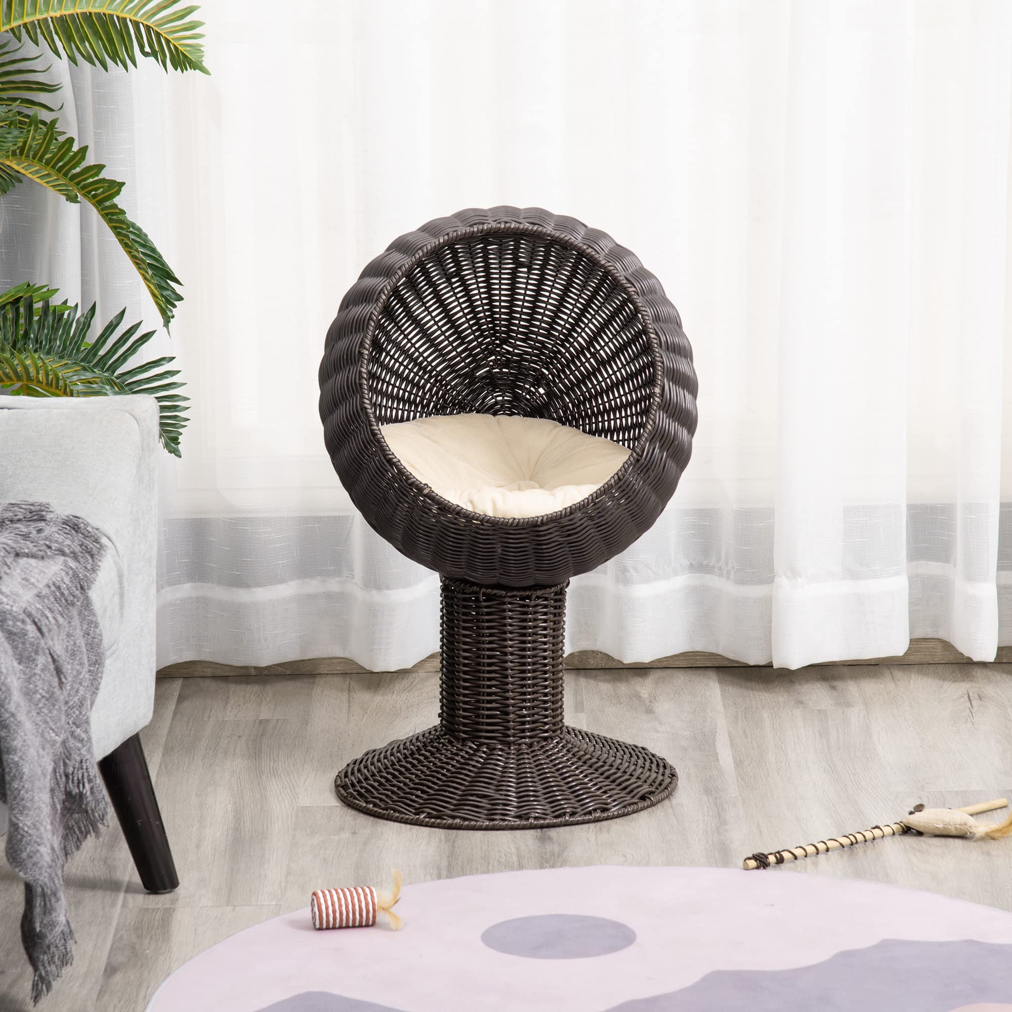 Pawhut Elevated Cat Bed With Rotatable Egg Chair Pod, Cat Basket Bed With Thick Cushion, Natural Mat Grass Woven Kitty House, Br