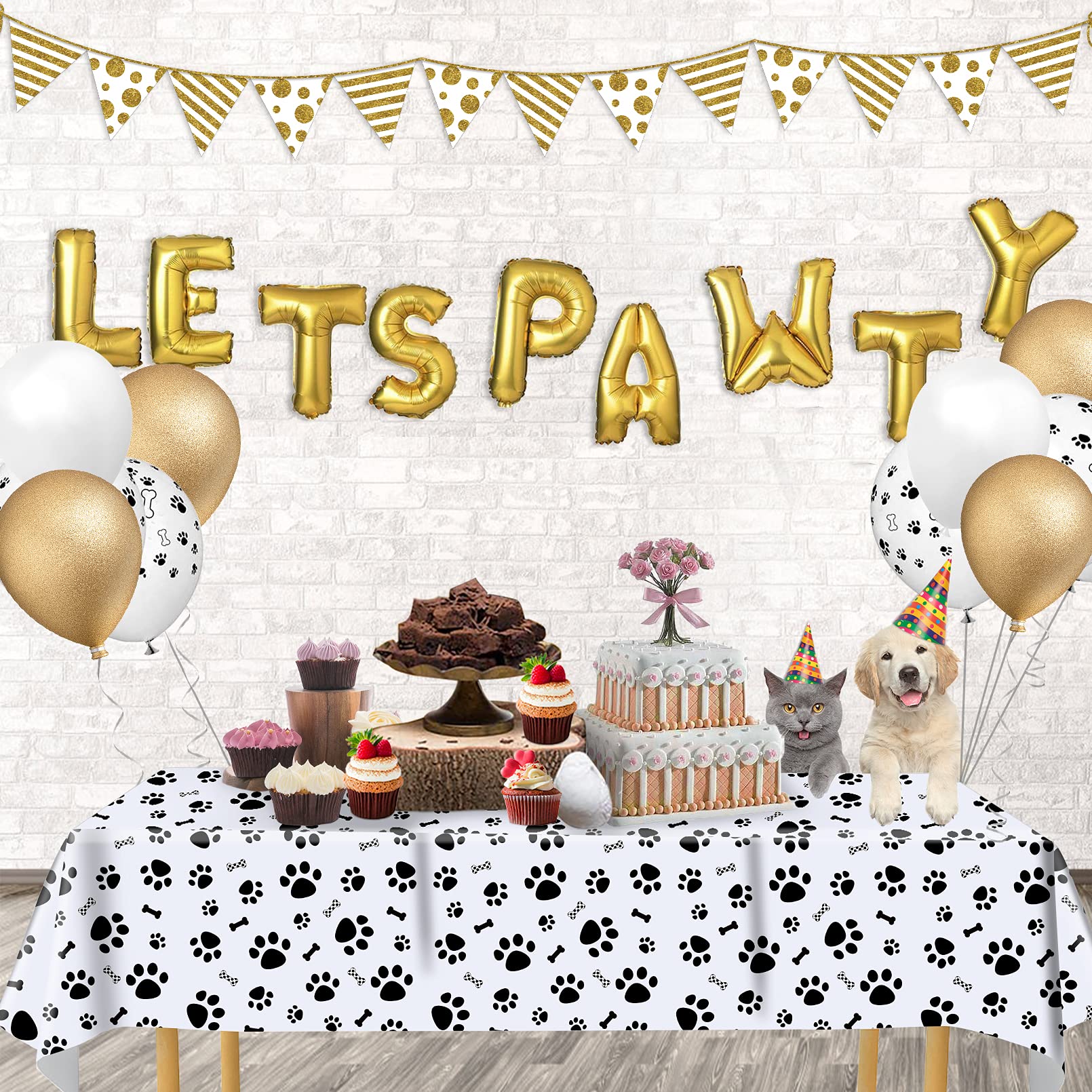 3 Pack Puppy Dog Pet Paw Print Plastic Tablecloth Table Cover,Large Paw Print And Bone Sign Plastic Disposable Rectangle Table C