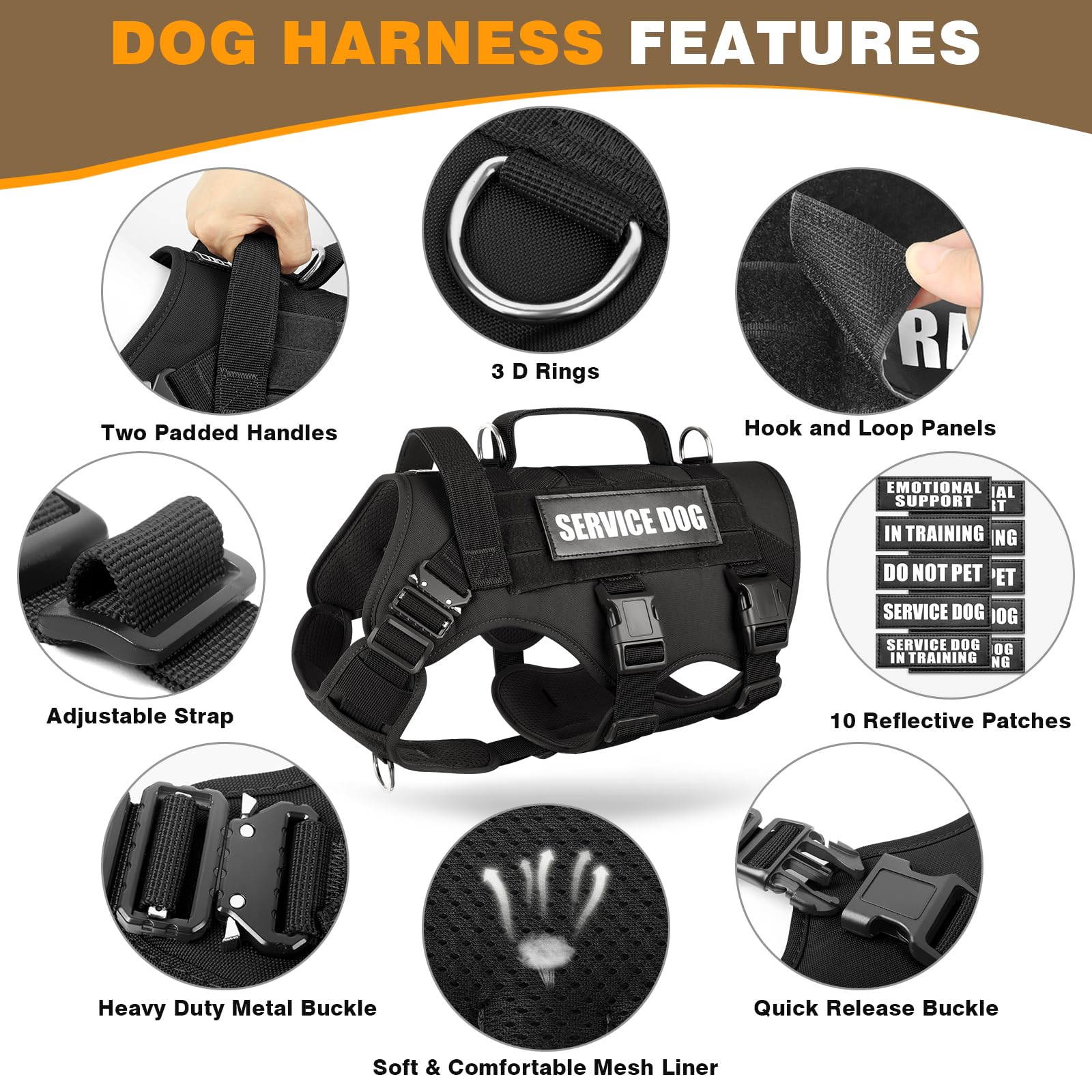Winsee Service Dog Vest Harness For Medium Dog, Tactical Working Molle Vest With 10 Pet Patches, No Pull Heavy Duty Harness For