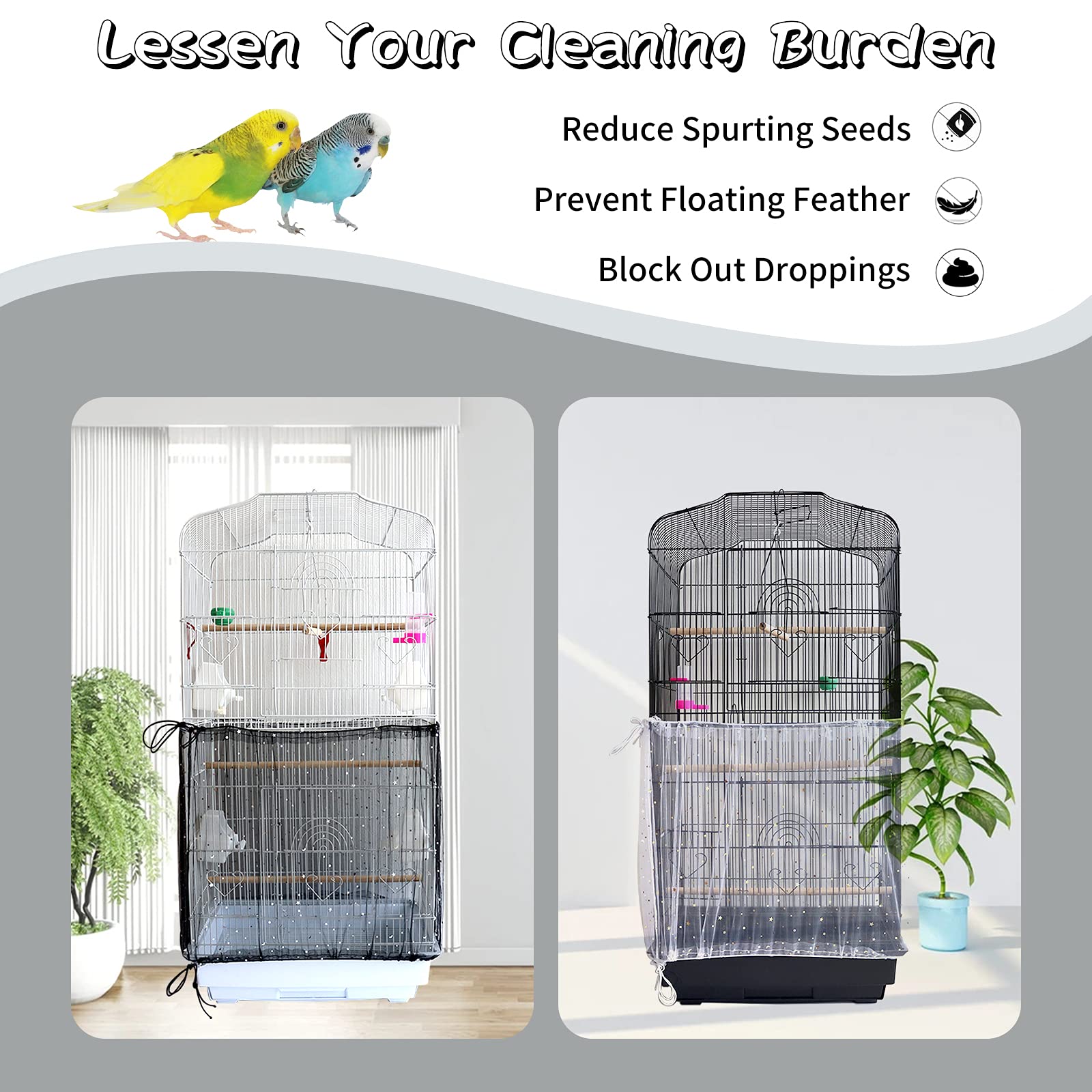 Daoeny 2Pcs Adjustable Bird Cage Cover, Upgraded Airy Nylon Mesh Parrot Net With Sequins, Universal Seed Feather Catcher, Soft Birdcage Cover Skirt Sheer Guard For Parakeet Macaw Round Square Cages