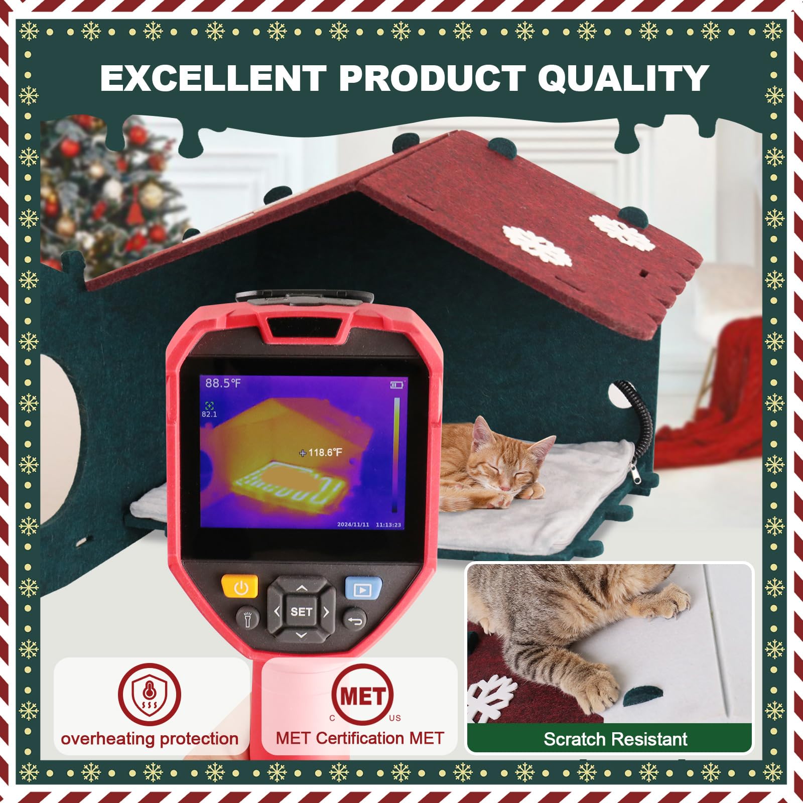 Christmas Heated Cat Bed, Cute Felt Beds For Cats, Scratch Resistant, Christmas Decorations