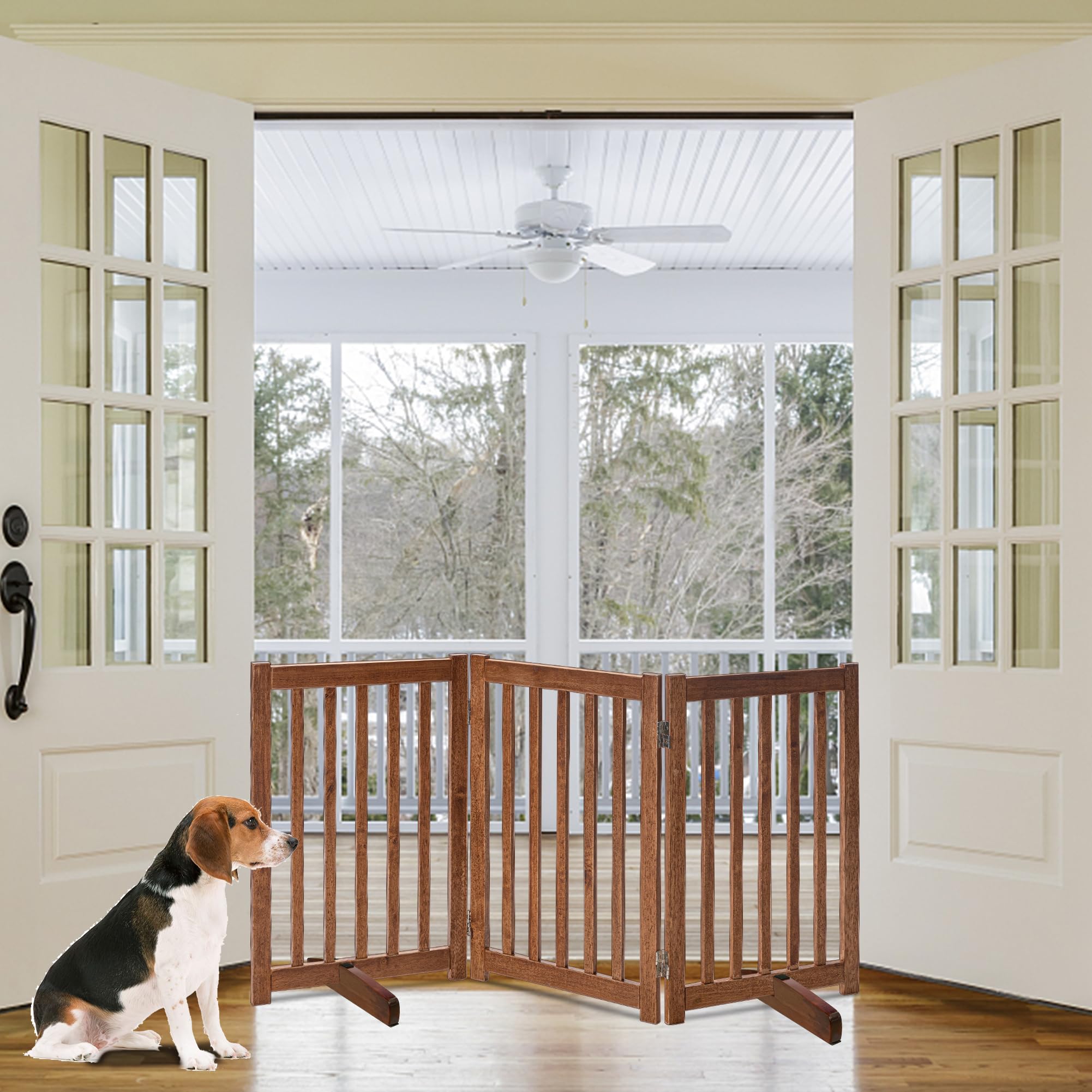 LZRS Freestanding Dog Gate 30 inch Tall - 3 Panels Solid Wooden Pet Gate for Doorways, Stairs & Hallways, Expandable & Foldable