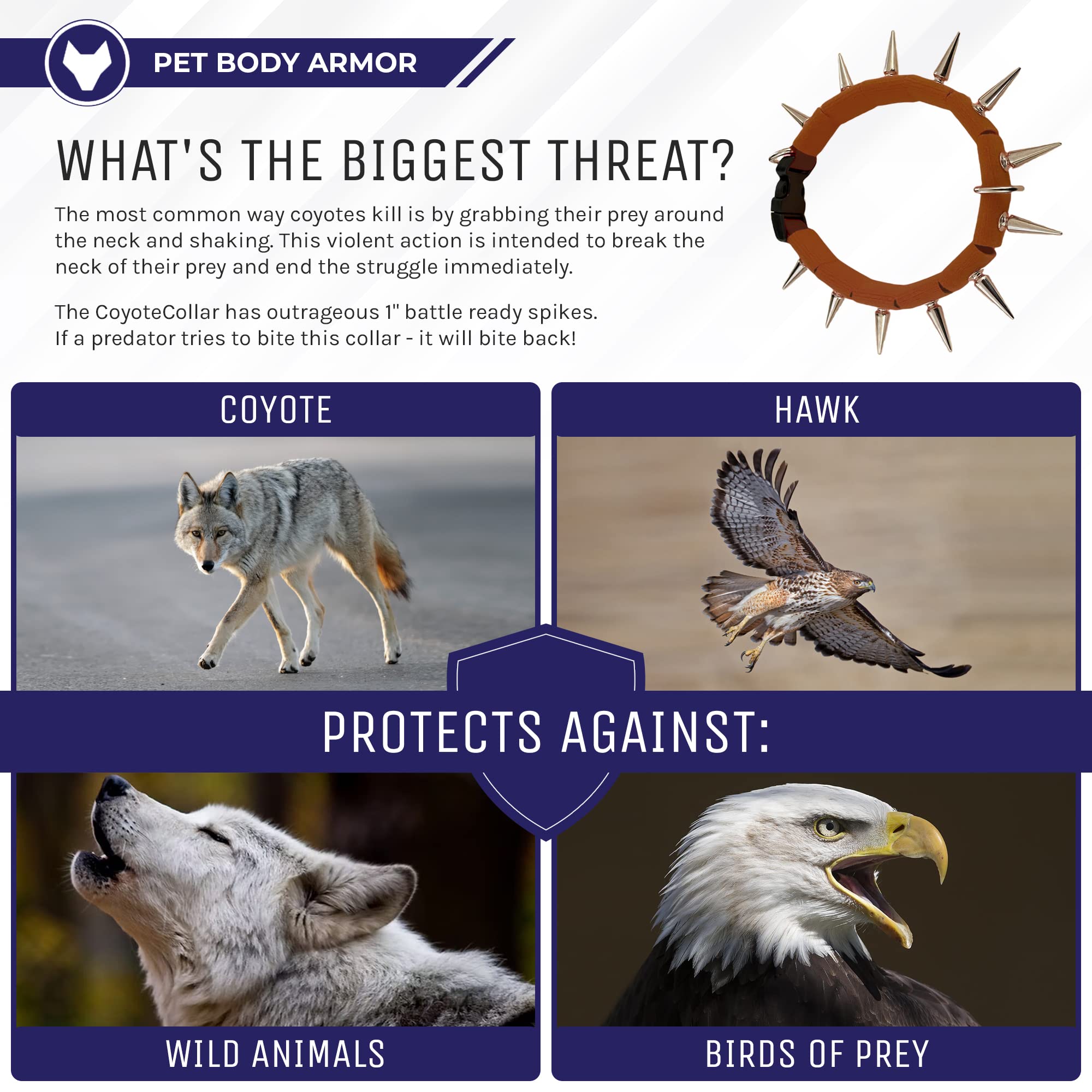 Coyotecollar Medium Spike Collar - Brown Adjustable Studded Collar For Dogs, Protection Against Coyotes And Aggressive Dogs