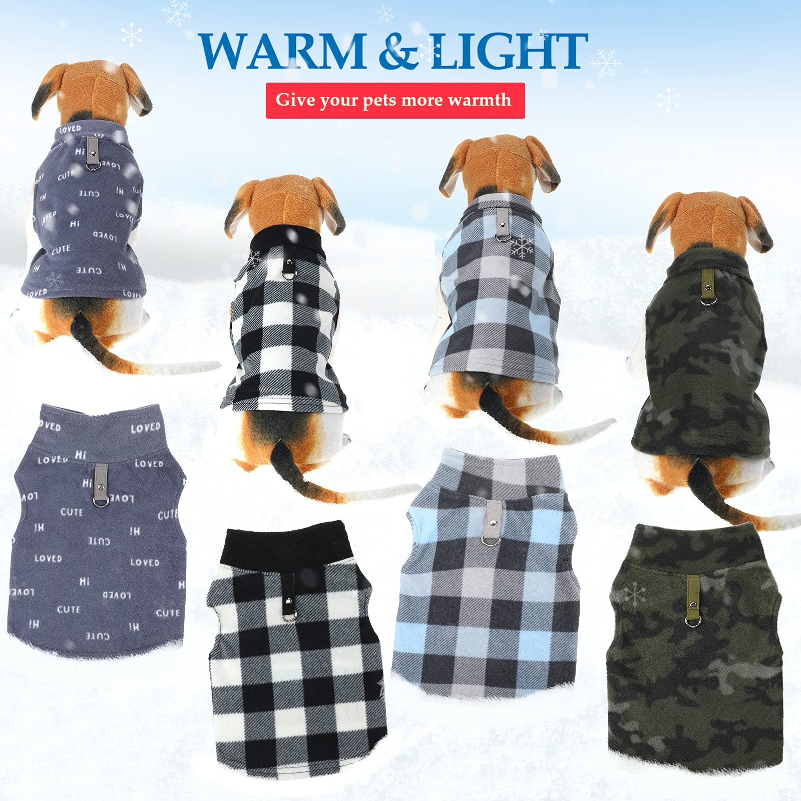 4 Pieces Winter Fabric Dog Sweater With Leash Ring Soft Fleece Vest Dog Clothes Plaid Camouflage Warm Puppy Dog Jacket Pullover