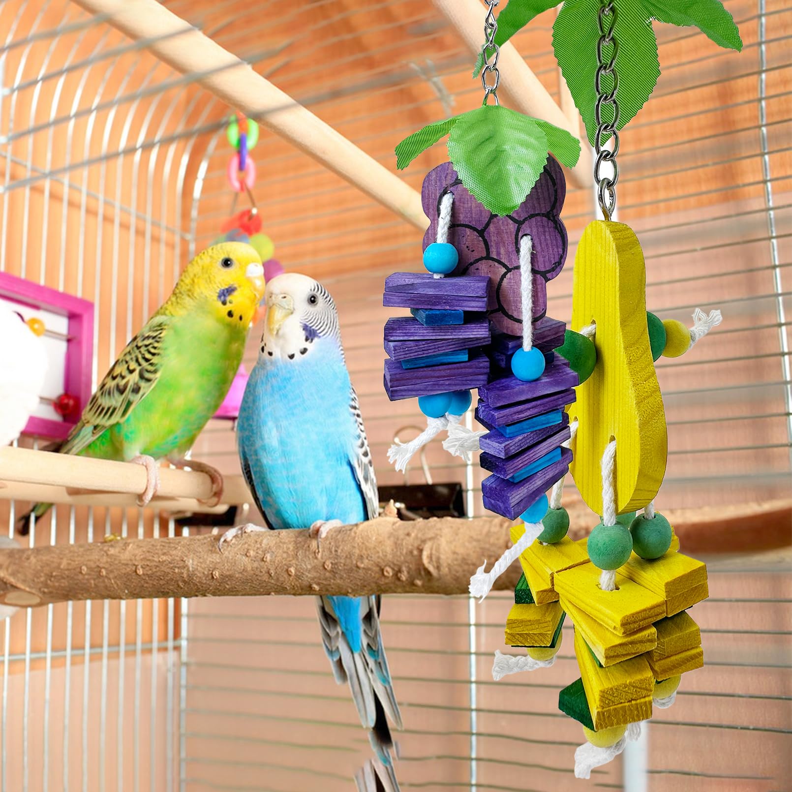 Hamiledyi Natural Wood Block Bird Cage Toys Parrot Chewing Toy Apple&Grape&Pear&Strawberry Shaped Hanging Foraging Toy For Small