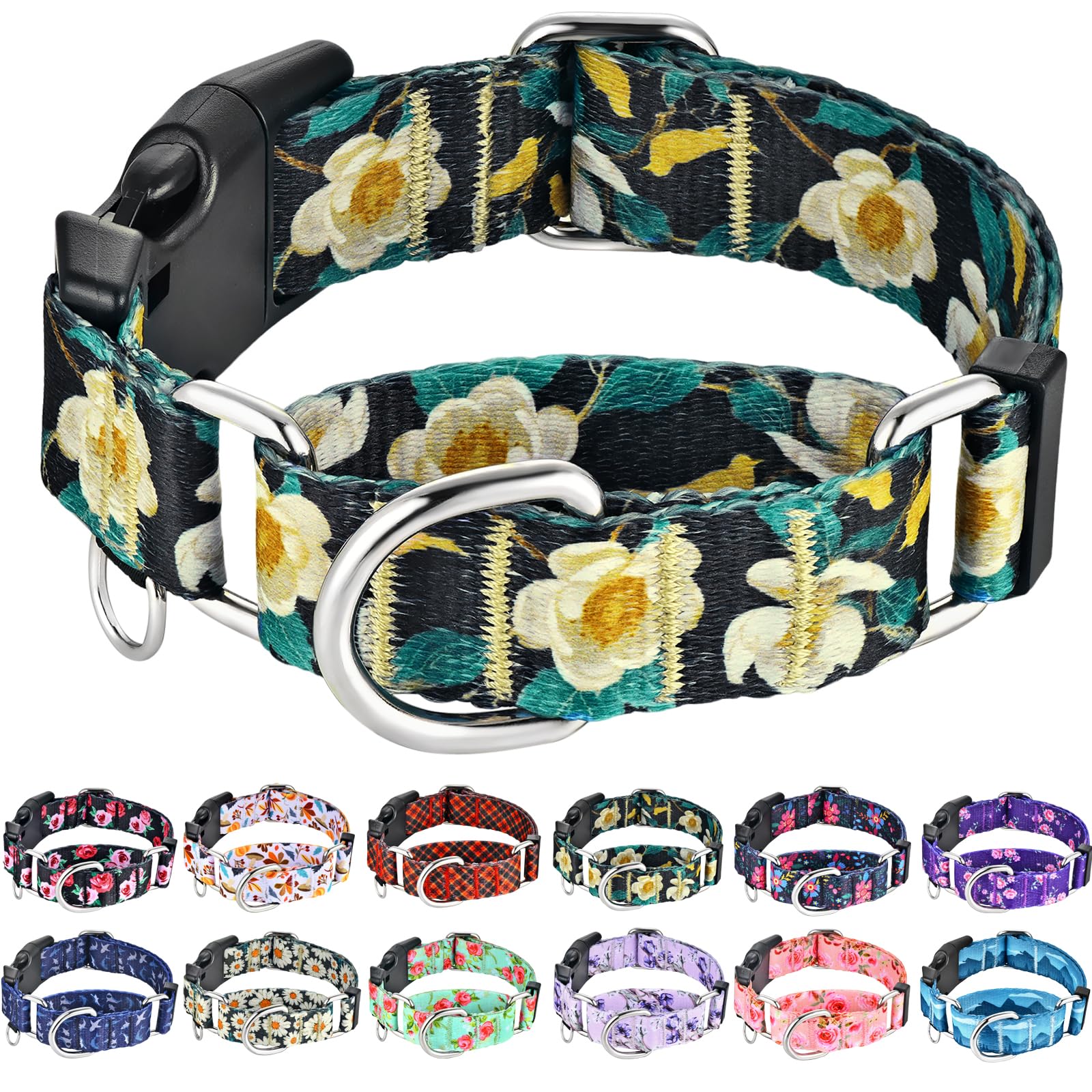 Fidohug Martingale Collar for Dogs with Buckle Pretty Cute Floral Nylon Dog Collars for Medium Dogs (Luxury Golden Flowers, Medi