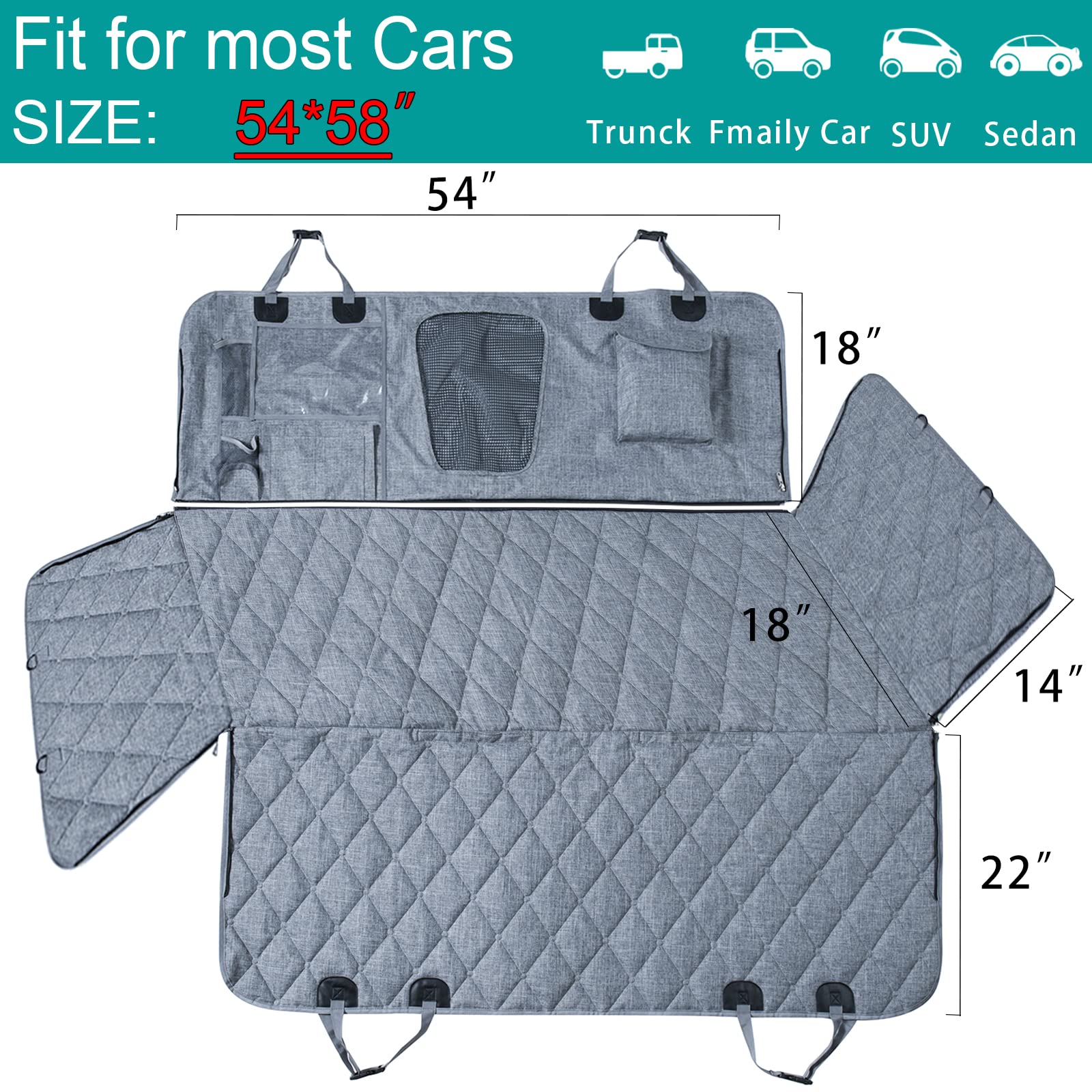 Sevvis Dog Hammock For Car, Suv, Pet Car Seat Cover With Mesh Window,Car Hammock For Dogs Back Seat, Gray