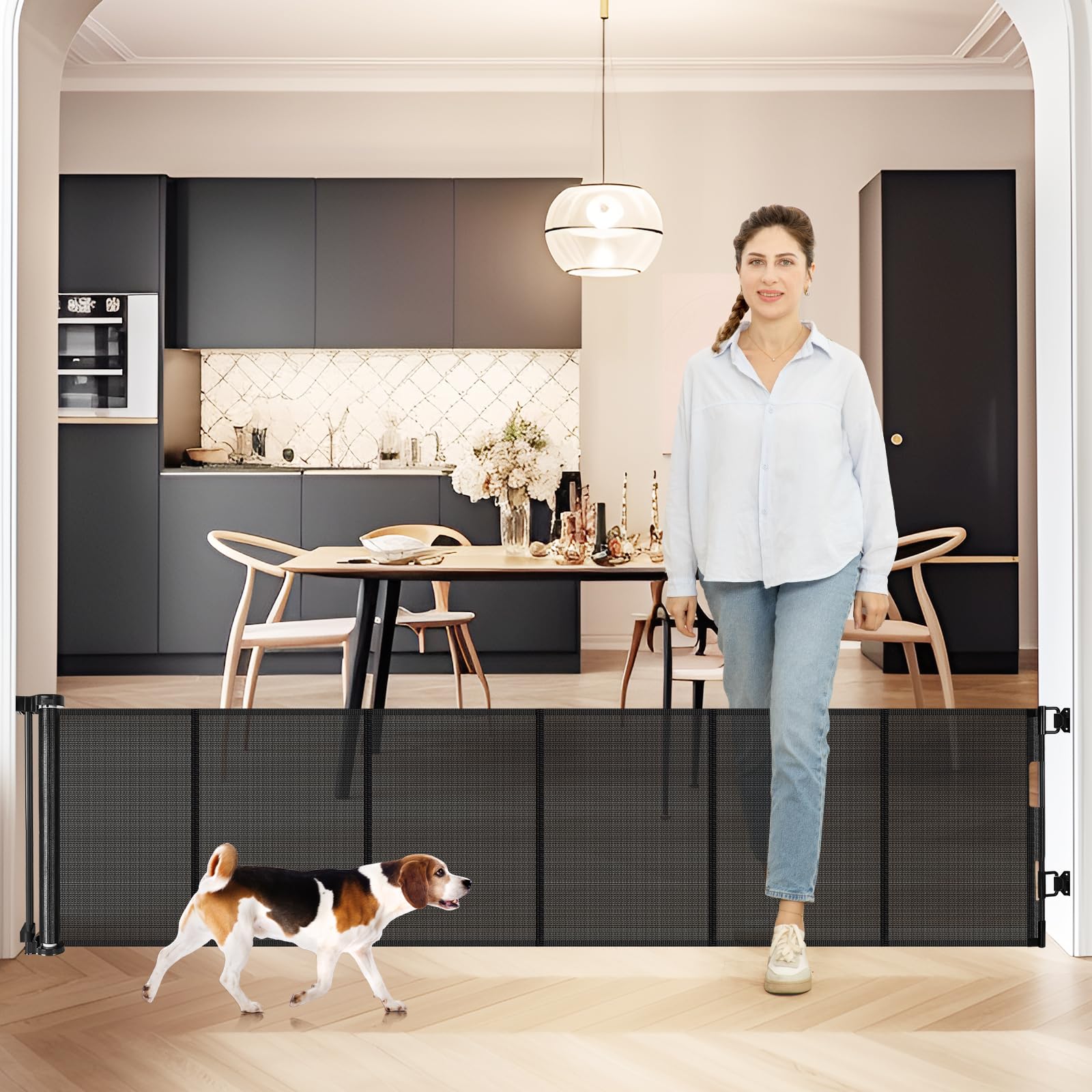 24 Inch Tall x 75 Inch Extra Wide Retractable Dog Gate for The House, Short Dog Gate to Step Over, Reinforced Mesh Puppy Gate fo