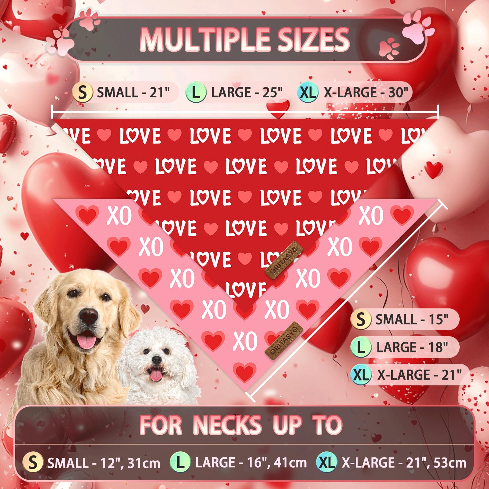Oritasy Valentines Day Dog Bandanas, 2-Pack Triangle Reversible Love Pet Scarves, Premium Fabric Bandana (Small, Style 1)