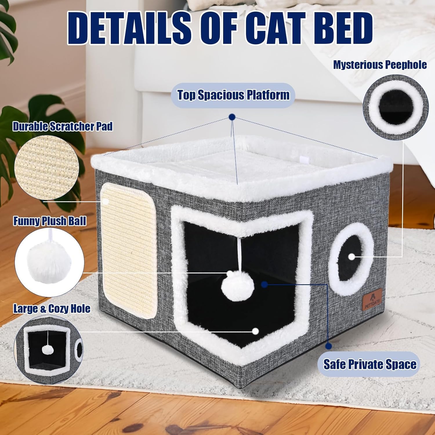 Cat Beds For Indoor Cats, Large Cat Cave Bed With Scratch Pad And Fluffy Ball, Foldable Cat Hideaway, Cat House With Reversible