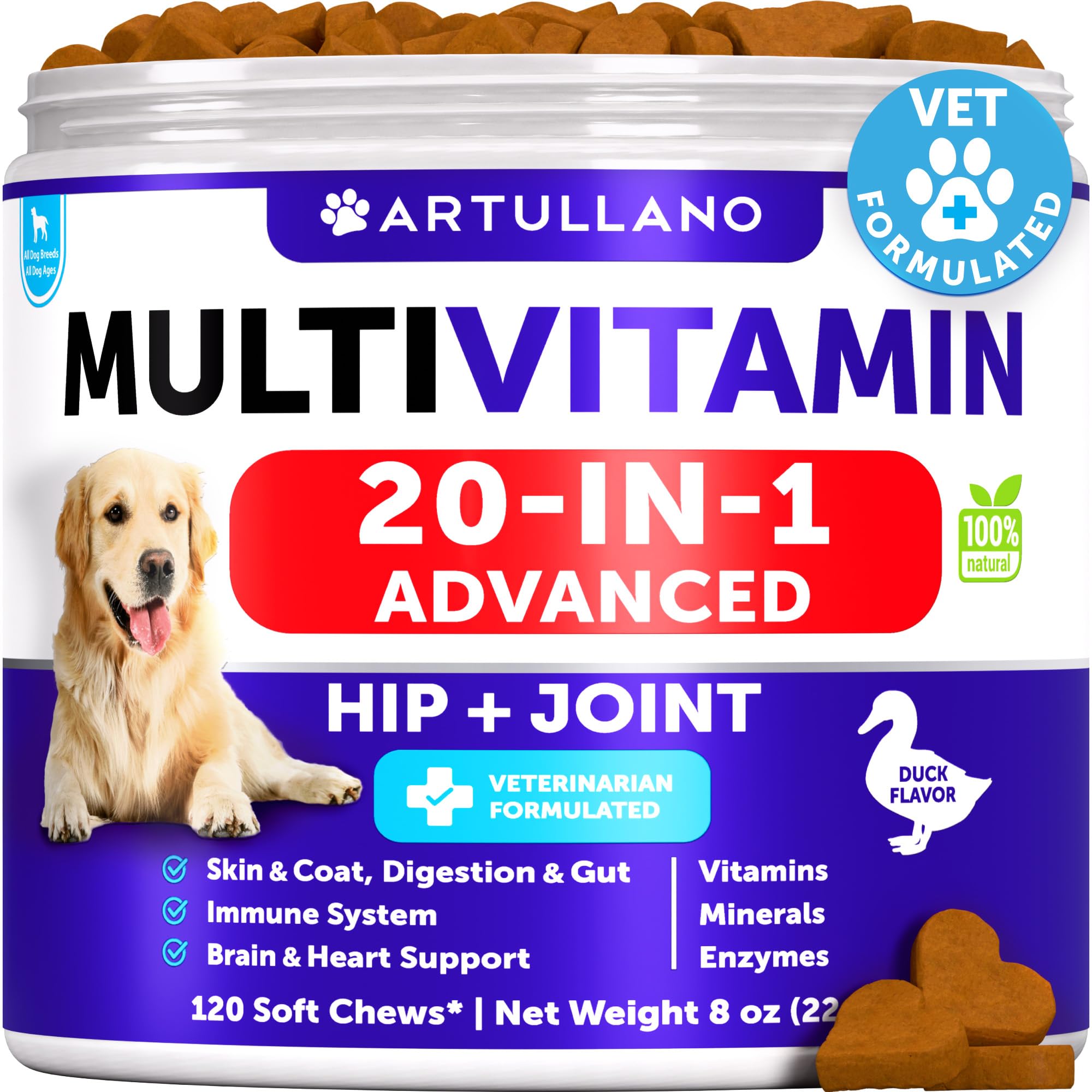 Dog Multivitamin Chewable with Glucosamine 20 in 1 - Dog Vitamins and Supplements - Senior & Puppy Multivitamin for Dogs - Pet J