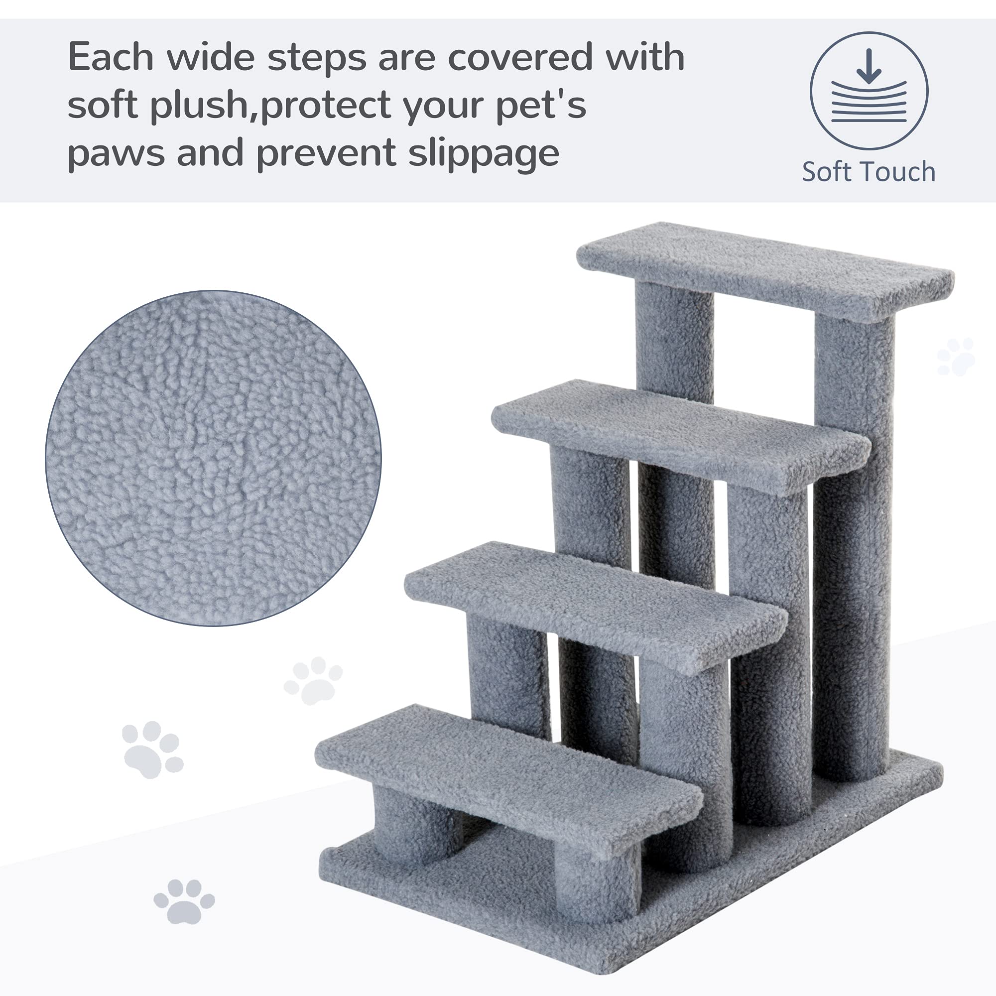 Pawhut Dog Steps For Bed 4 Step Pet Stairs For Sofa Dog Cat Climb Ladder 63X43X60 Cm Grey