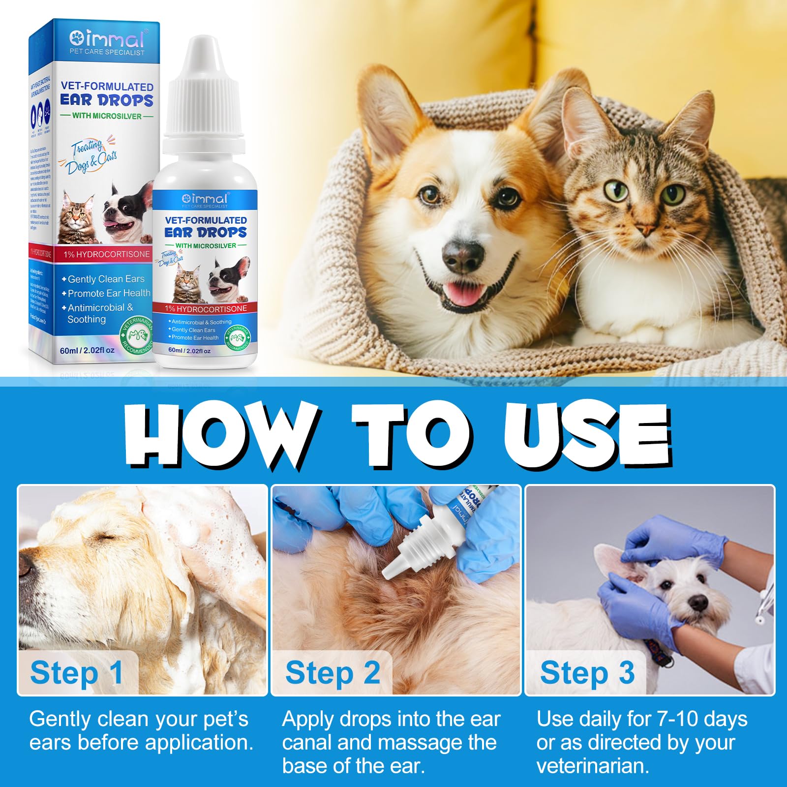 VOSIFSDIY Dog & Cat Ear Infection Treatment Drops, Pets Ear Cleaning Drops with 1% Hydrocortisone for Dog & Cats Yeast Infection