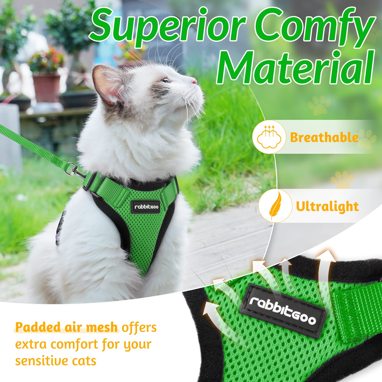 Rabbitgoo Cat Harness And Leash For Walking, Escape Proof Soft Adjustable Vest Harnesses For Cats, Easy Control Breathable Reflective Strips Jacket, Grass Green, Xs