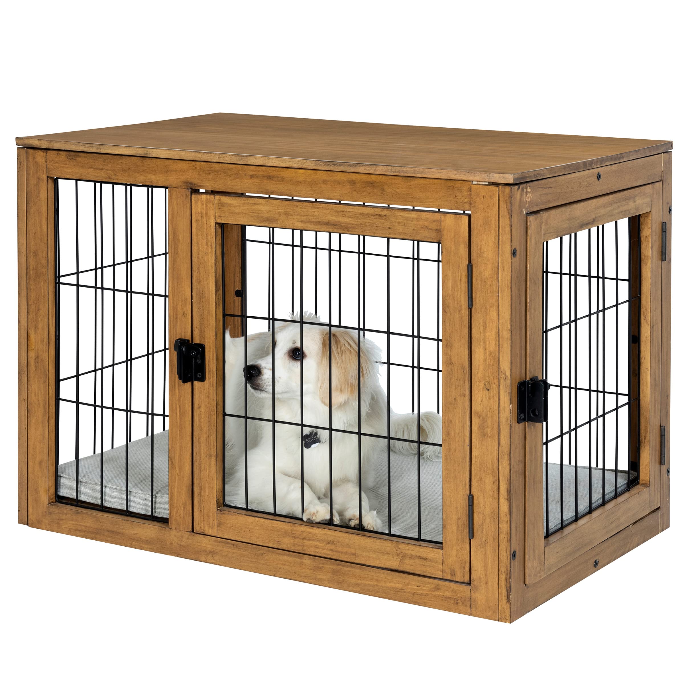 Furniture-Style Dog Crate - Acacia Wood Kennel for Medium Dogs with Double Doors and Cushion - Dog Cage Furniture by PETMAKER (N