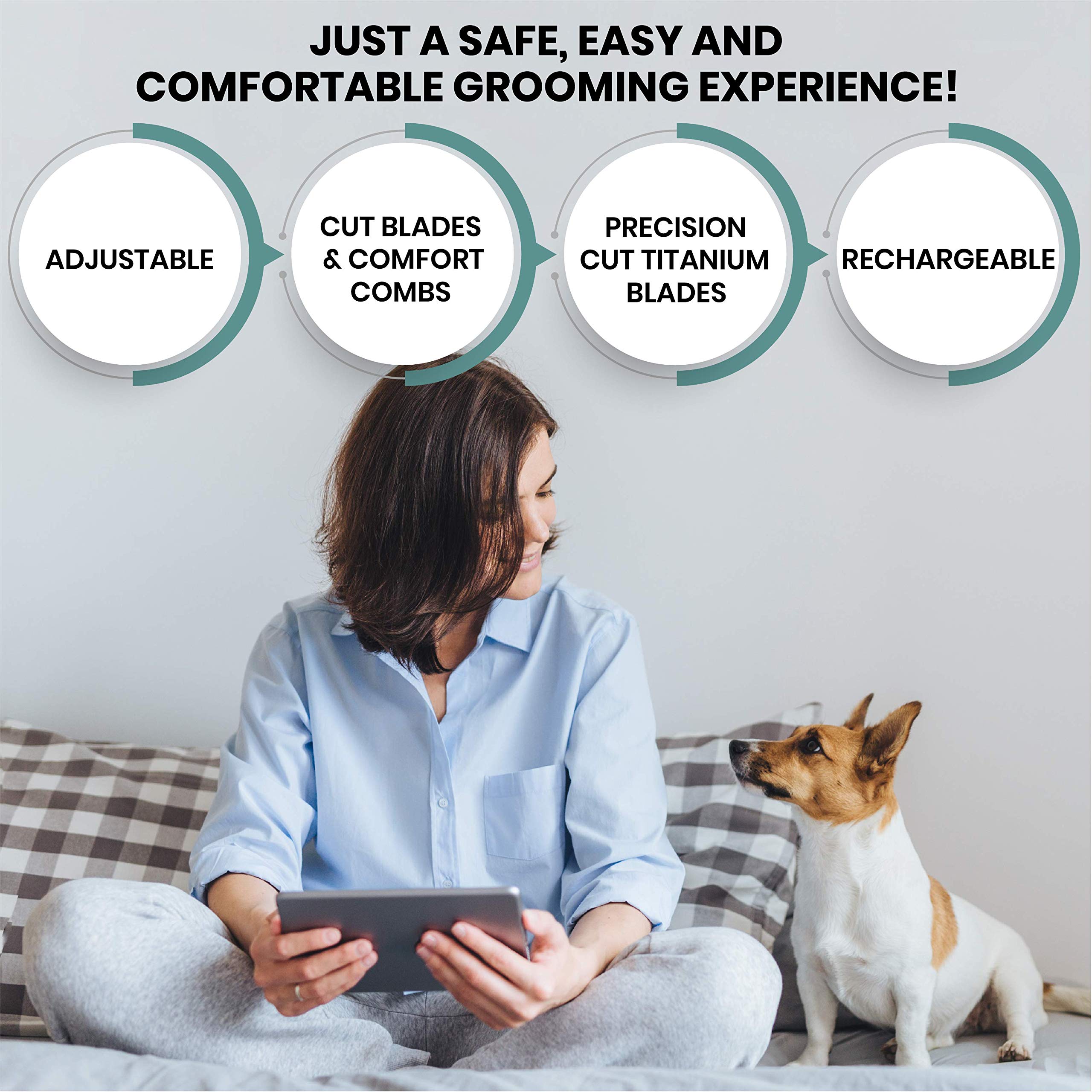 Pet Union Professional Dog Grooming Kit - Cordless Low Noise Dog Clippers For Grooming Thick Coats - All Pet Safe Cat Hair Trimmer - Pet Grooming Kit Includes Dog Hair Clippers, Nail Trimmer & Shears