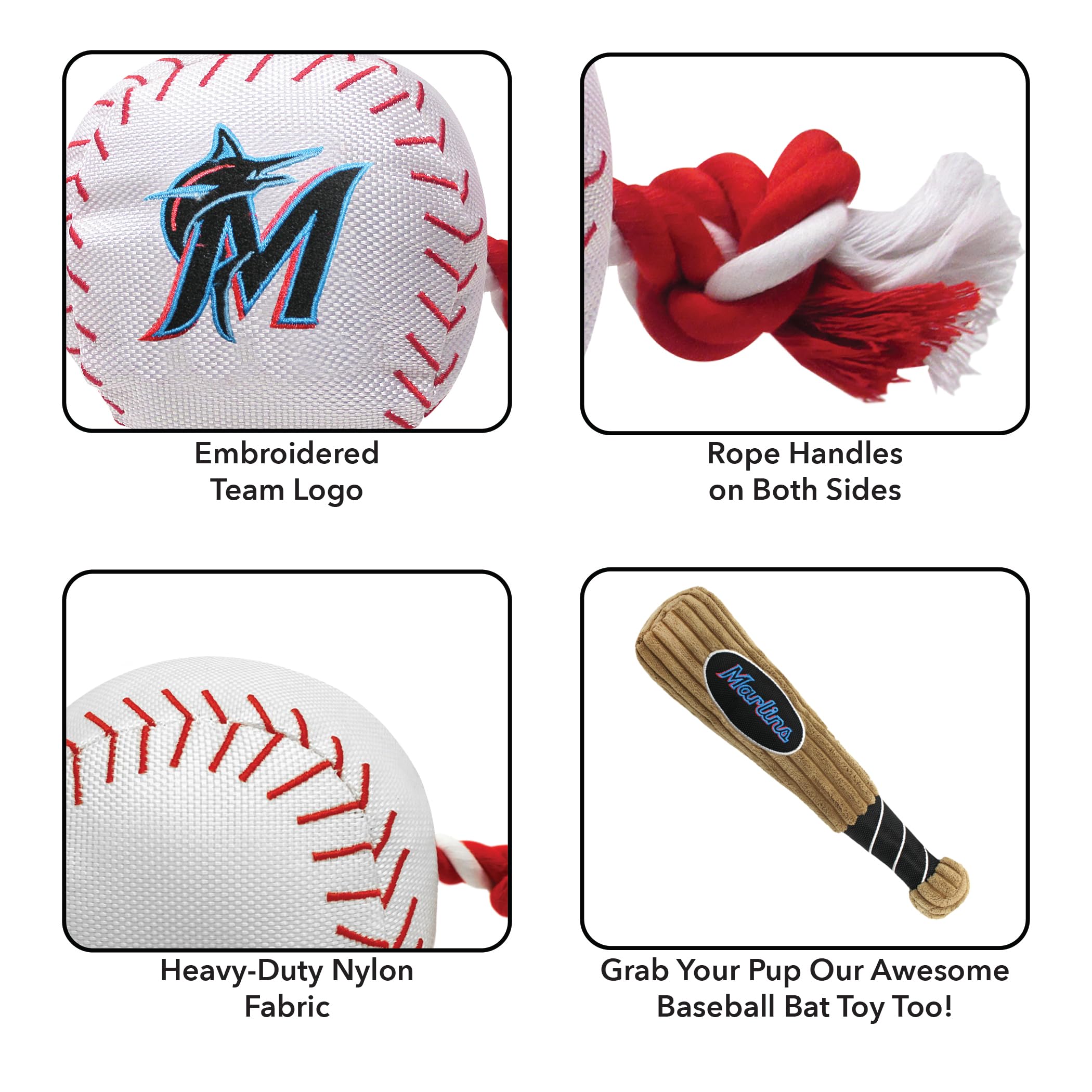 Mlb Miami Marlins Baseball Rope Toy For Dogs & Cats. Tough Nylon, Sporty Baseball Design, Heavy-Duty Ropes With Inner Squeaker
