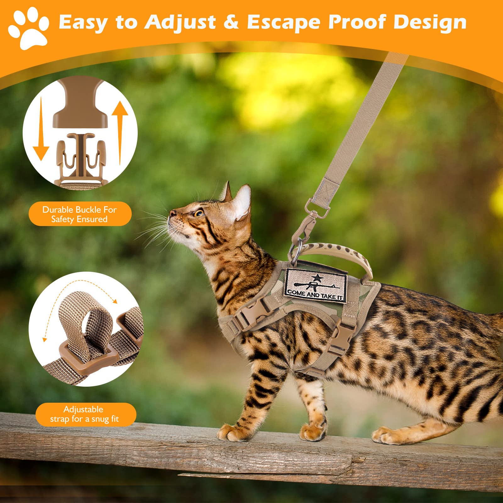 SALFSE Tactical Cat Harness and Leash Set for Walking Escape Proof, Adjustable Large Cat Vest Harness with Molle Patches, Soft M