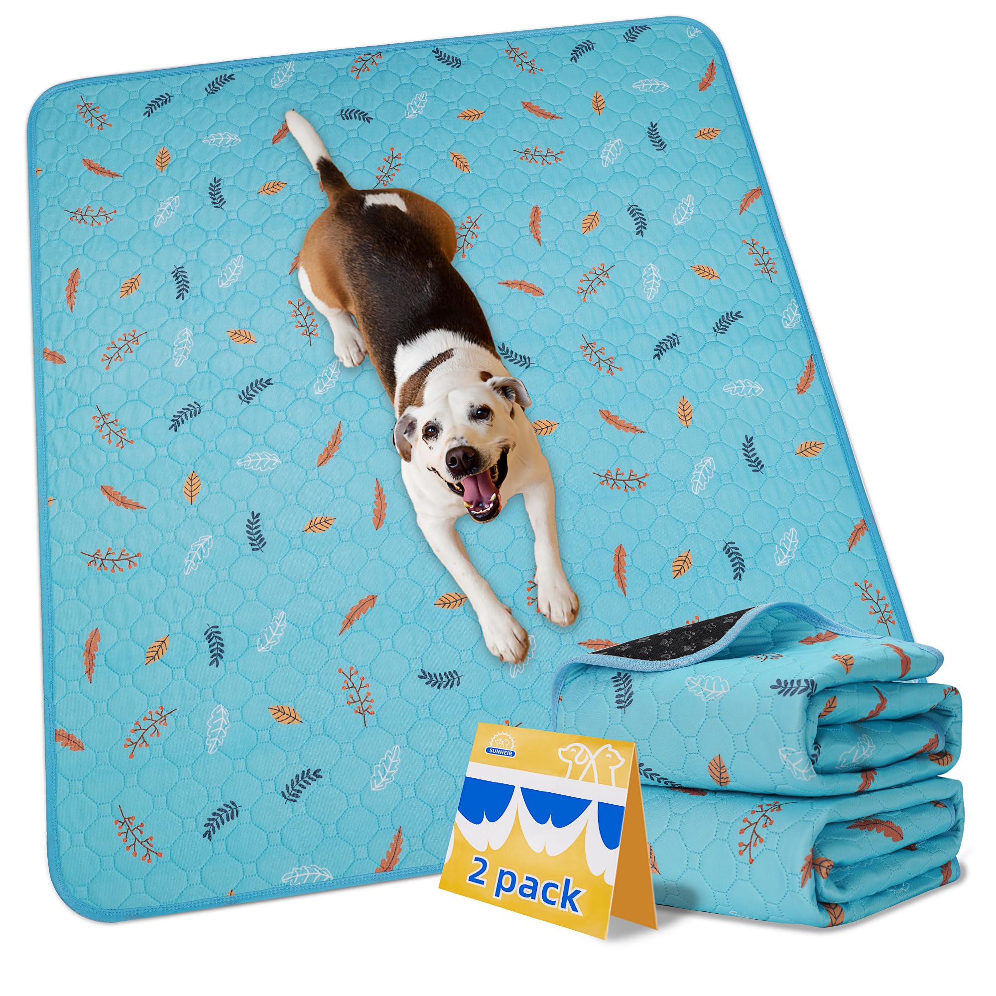 Sunheir Washable Pee Pads For Dogs 2-Pack Reusable Puppy Pads Pet Training Pads, Waterproof Dog Pee Pads For Crate, Whelping Pad, Non-Slip Protects Against Urine Leakage (Leaves - Sky Blue, 24X36)