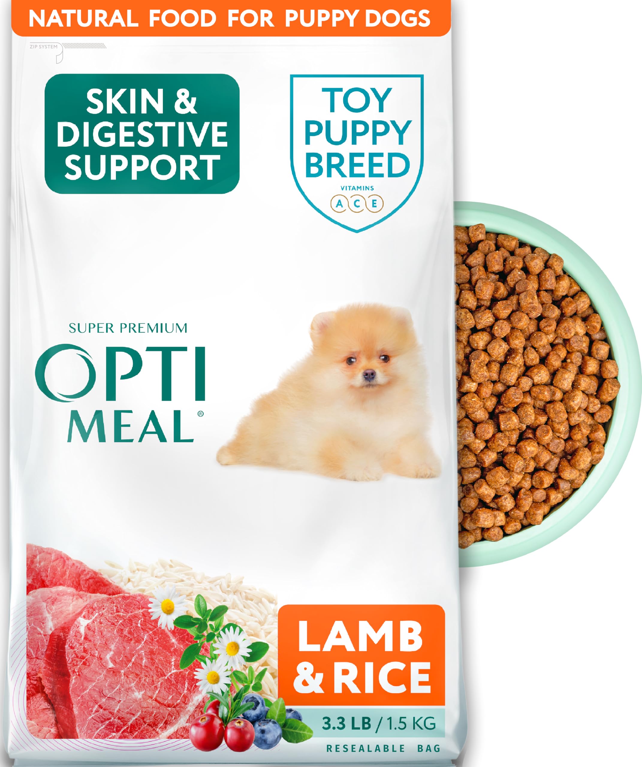 Optimeal Puppy Toy Breed Dog Food - Premium Dry Recipe for Small and Toy Breed Puppies - Skin and Digestive Support (3.3 lb, Lam