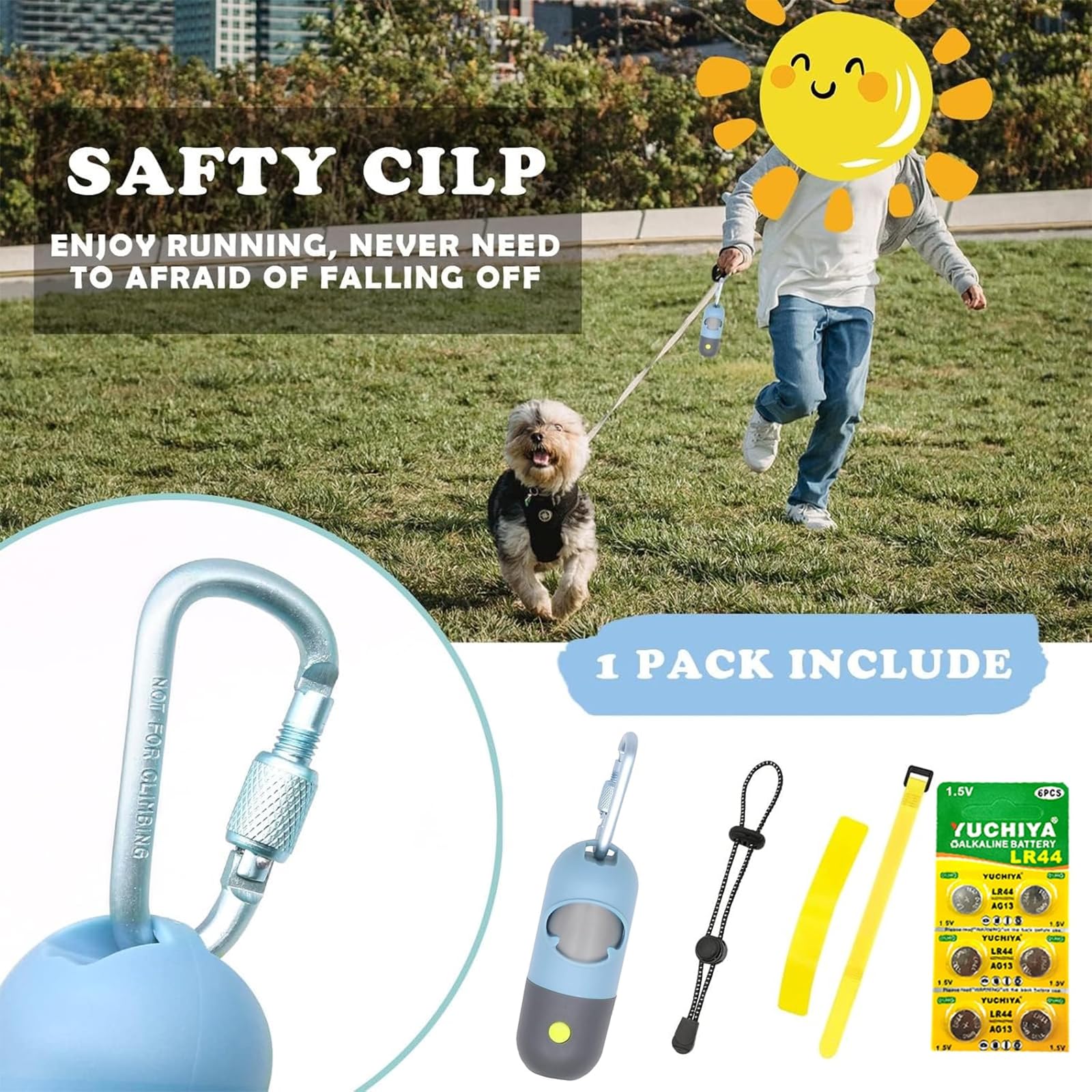 Yuchiya Dog Poop Bags Holder With Led Flashlight, Sky Blue, 15 Bags, 3 Accessories