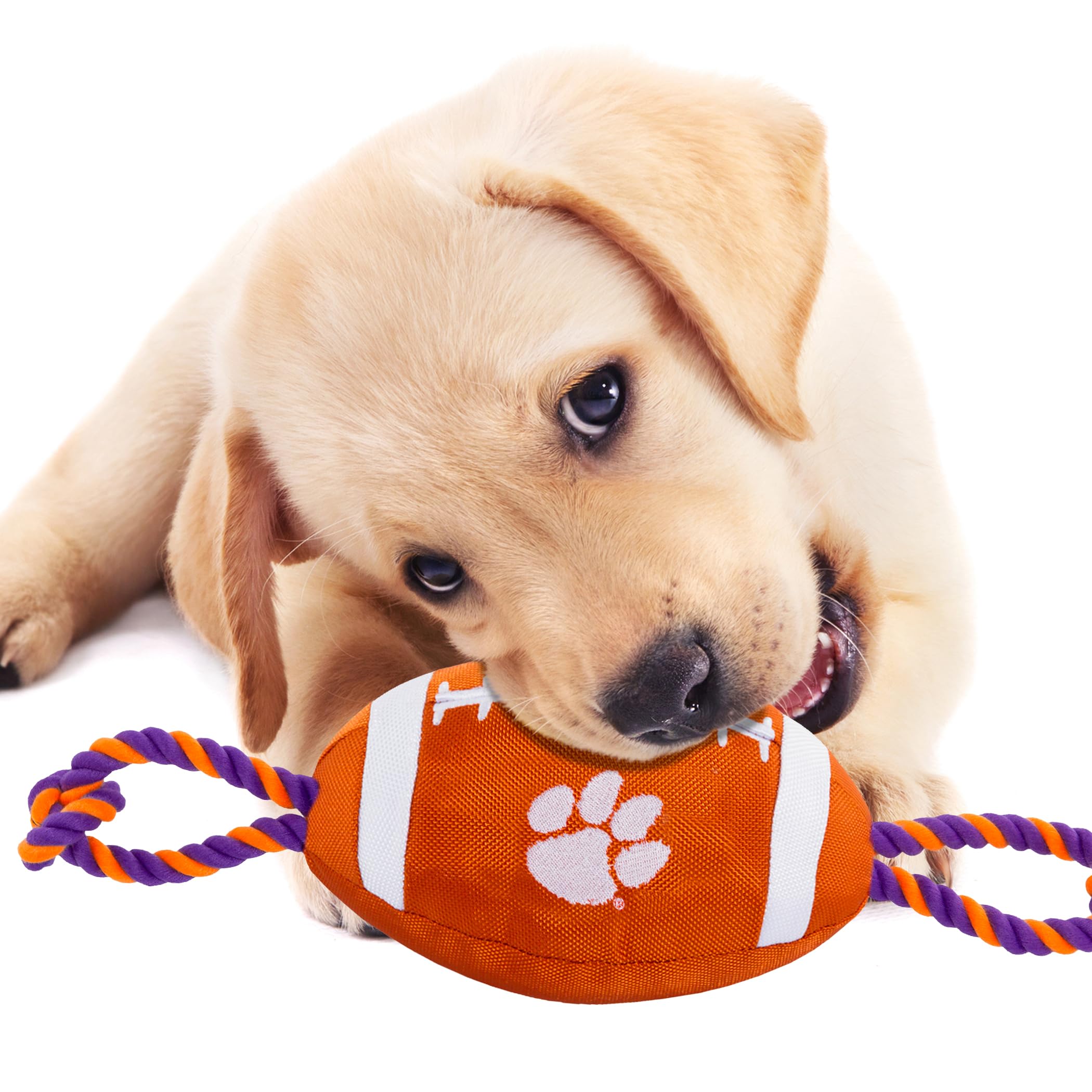 Pets First NCAA Clemson Tigers Football Dog Toy, Tough Quality Nylon Materials, Strong Pull Ropes, Inner Squeaker, Collegiate Te