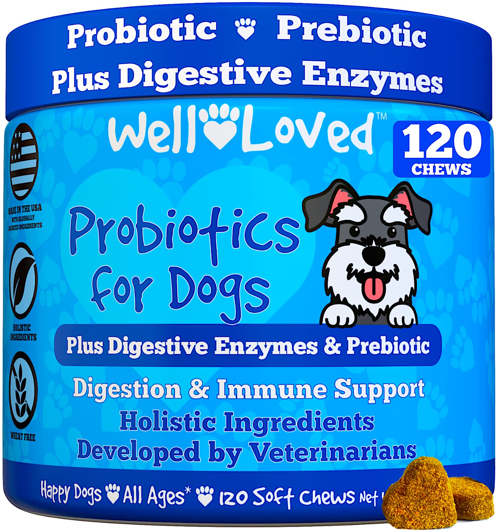 Well Loved Probiotics for Dogs, Dog Probiotics, Made in USA, Vet Developed for Gut Health, Yeast Balance, Itchy Skin, Diarrhea &