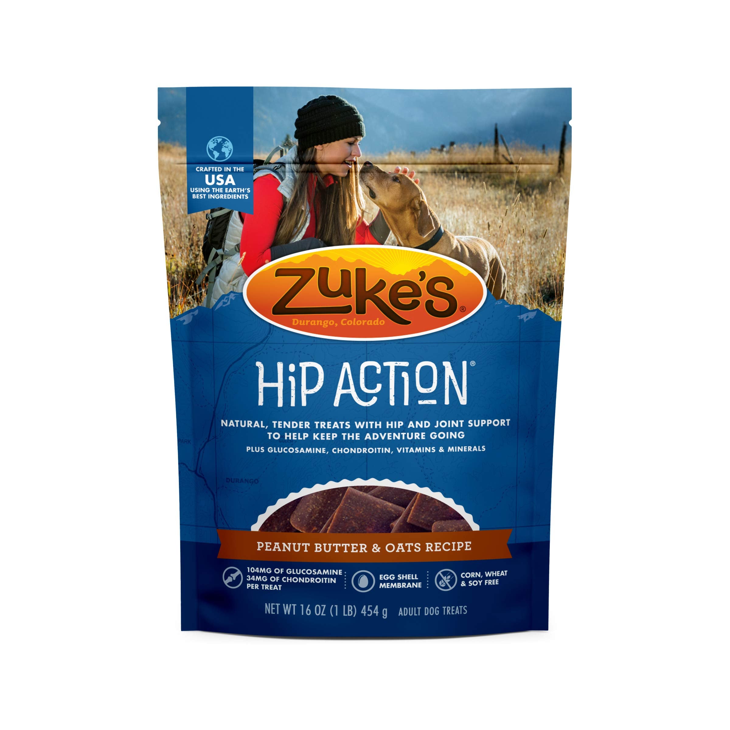 Zukes Hip Action, Hip And Joint Support, Soft And Chewy Natural Dog Treats , Peanut Butter And Oats Recipe - 16.0 OZ Bag