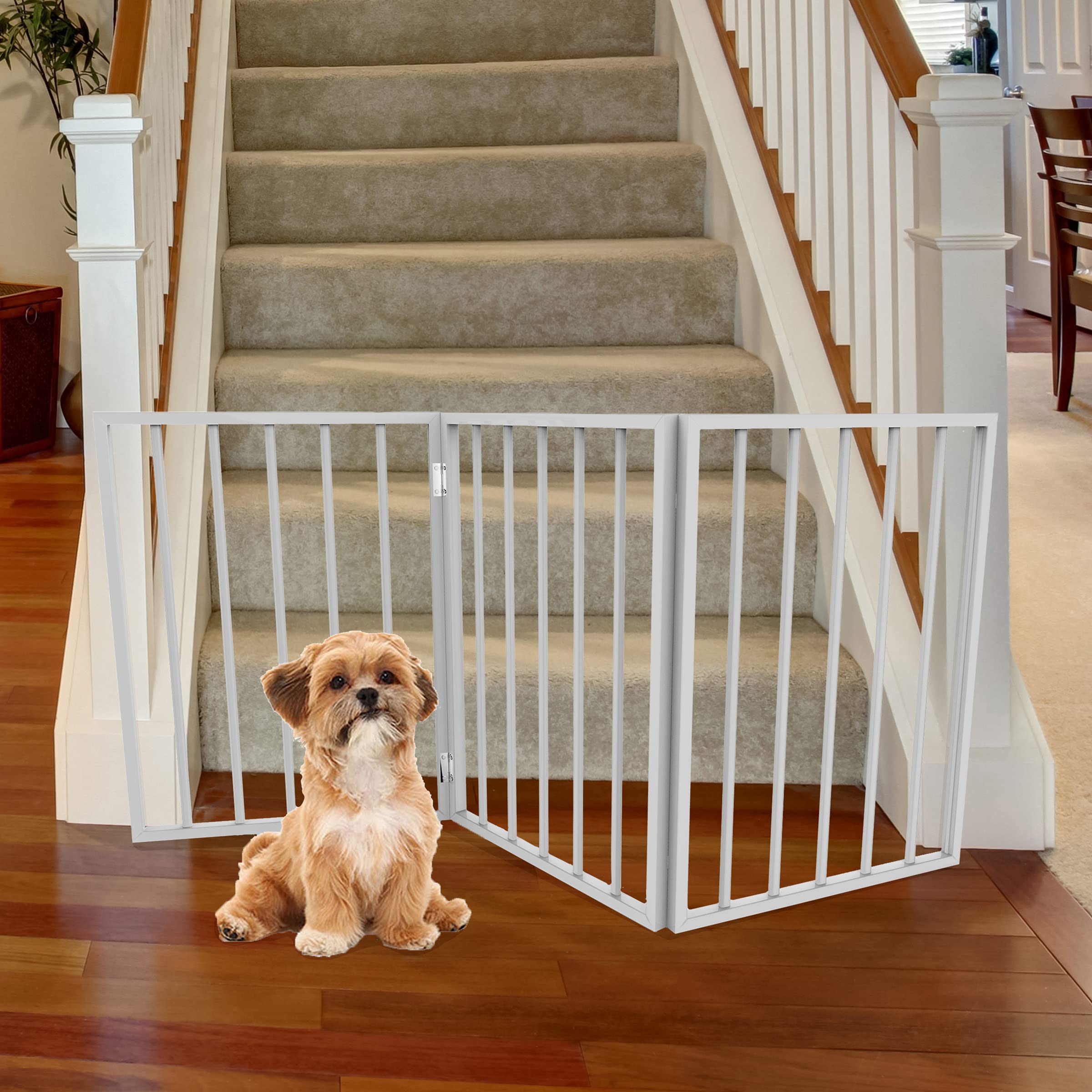 Petmaker Pet Gate - Dog Gate For Doorways, Stairs Or House- Freestanding, Folding, Accordion Style, Wooden Indoor Dog Fence (24-Inch, White)