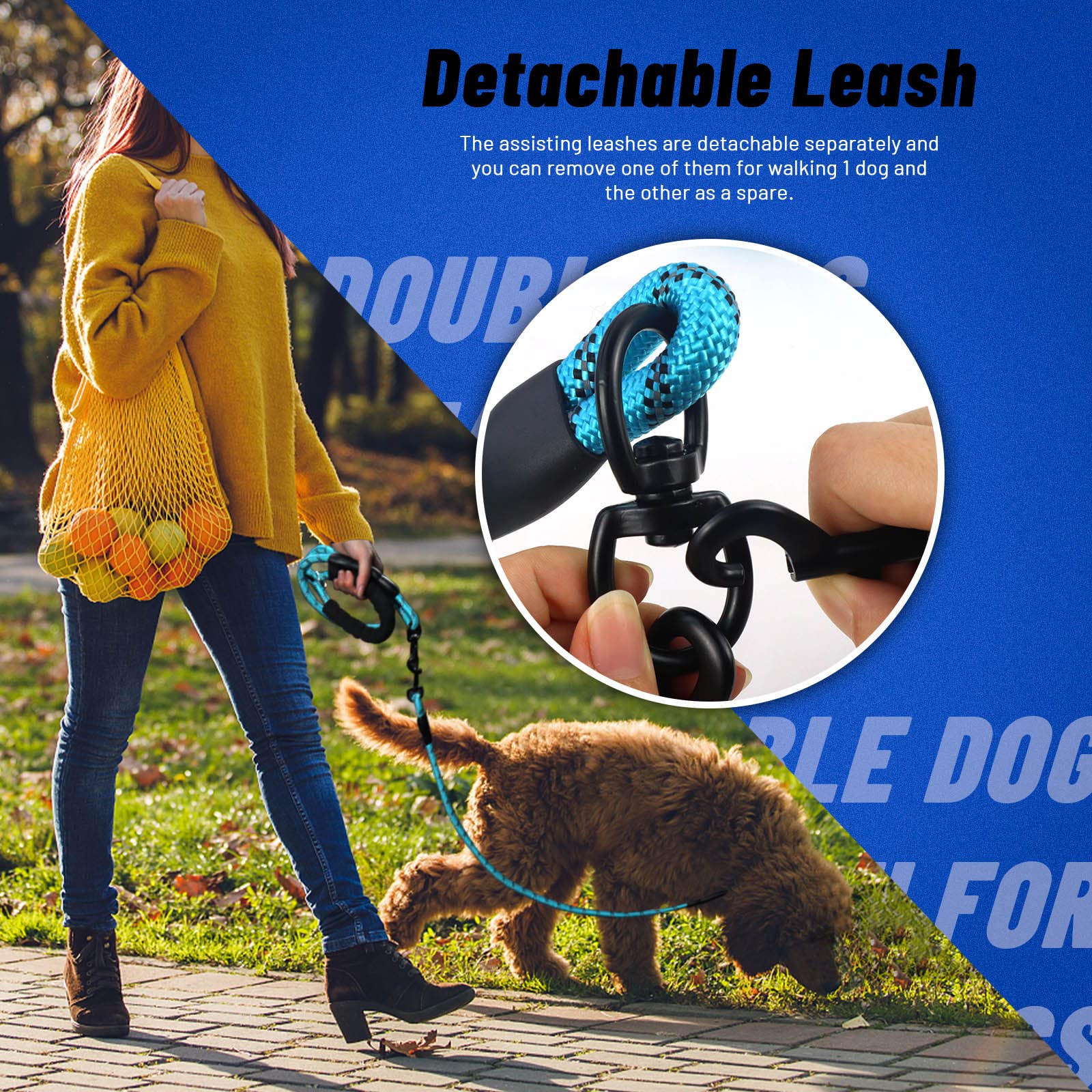 Lele Life Double Dog Leash For Two Dogs, Heavy Duty Reflective Double Leashes For 2 Dogs, 360° Swivel Dual Dog Leash Tangle Free Large Dogs & Medium Dogs, With 2Pcs Dog Poop Bag Holder, Blue