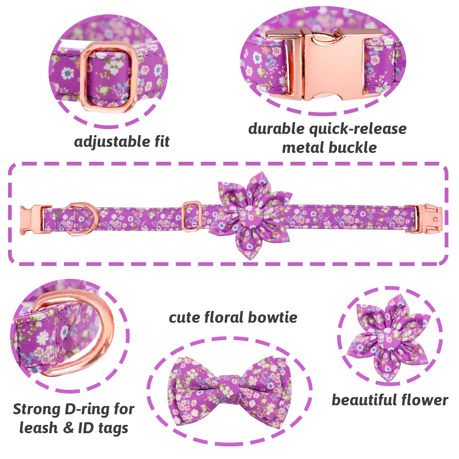 HSIGIO Dog Collar and Leash Set Girls Adjustable Puppy Collars with Floral Bow Tie for Small Medium Large Female Dogs, Purple, M