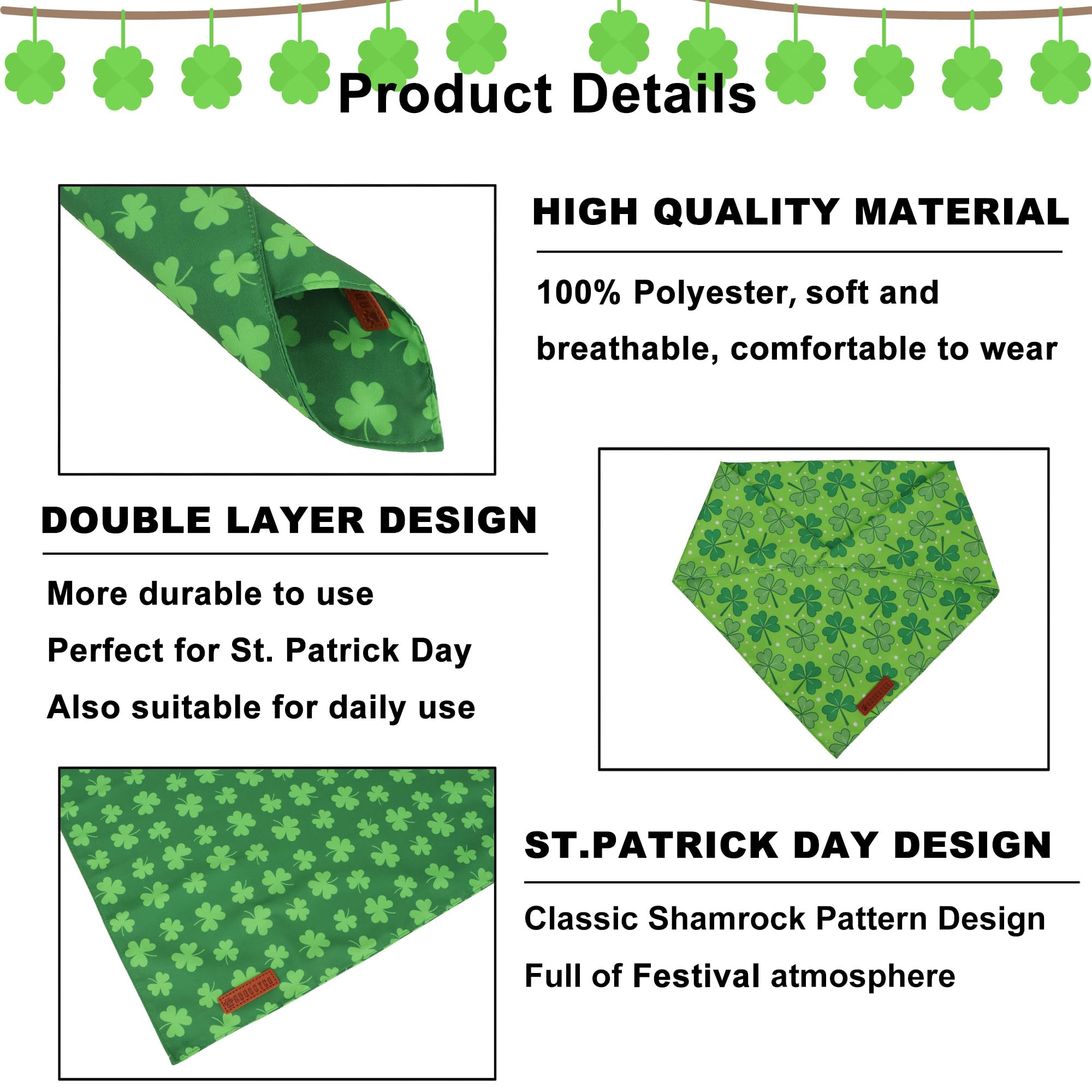 ADOGGYGO St. Patrick 's Day Dog Bandana, Green Shamrock Pet Scarf, Adjustable Fit Saint Patrick Bandanas for Large and Extra Lar