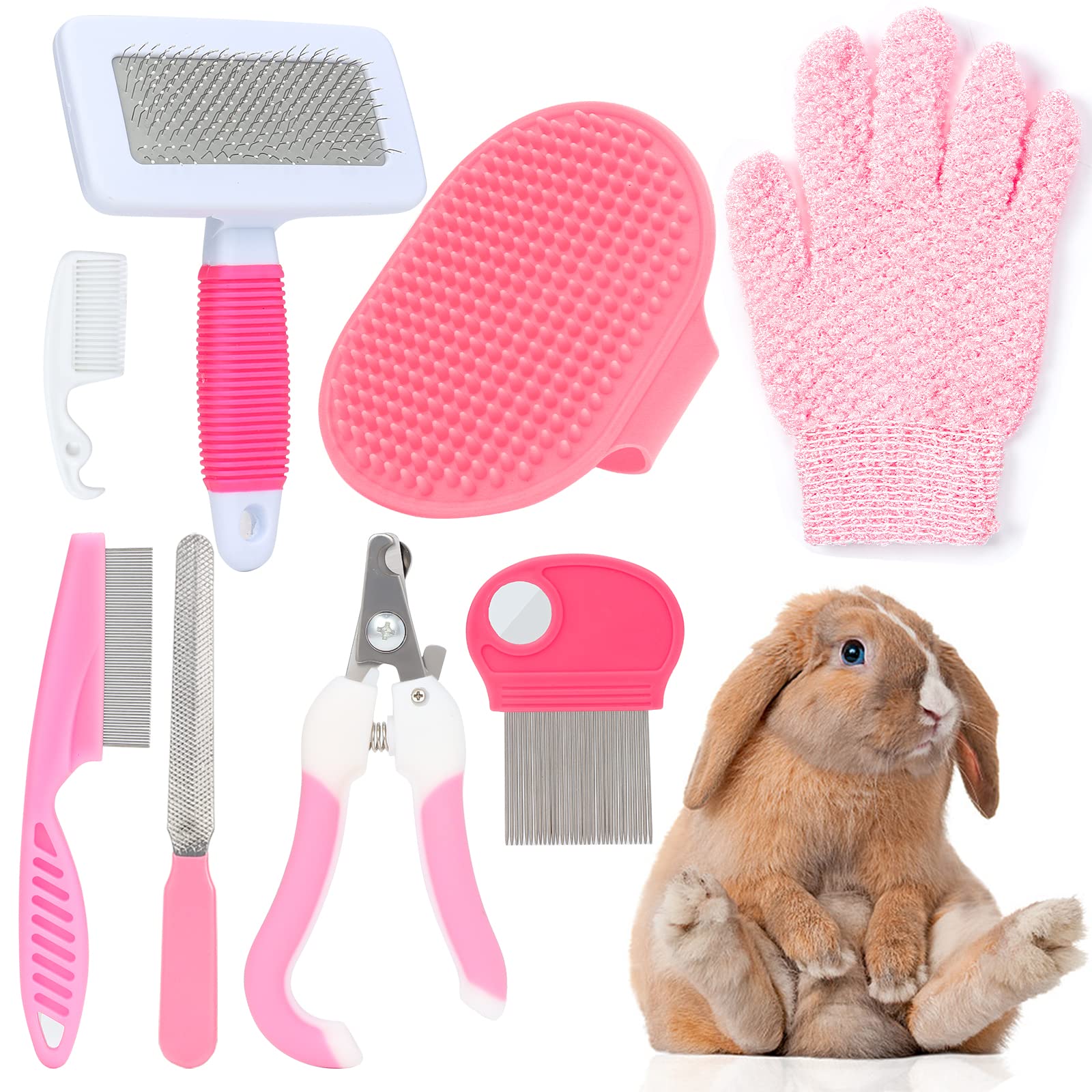 Vczone Pink Small Animal Grooming Kit With Nail Clipper, Flea Comb, Shampoo Brush, Slicker Brush, Massage Glove For Rabbits