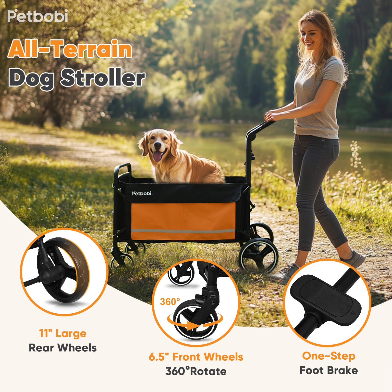 Petbobi Pet Stroller For Large Dogs - Pullable All Terrain Wagon Cart, Folding Dog Stroller, One-Foot Brake Wagons With Ramp, Ea