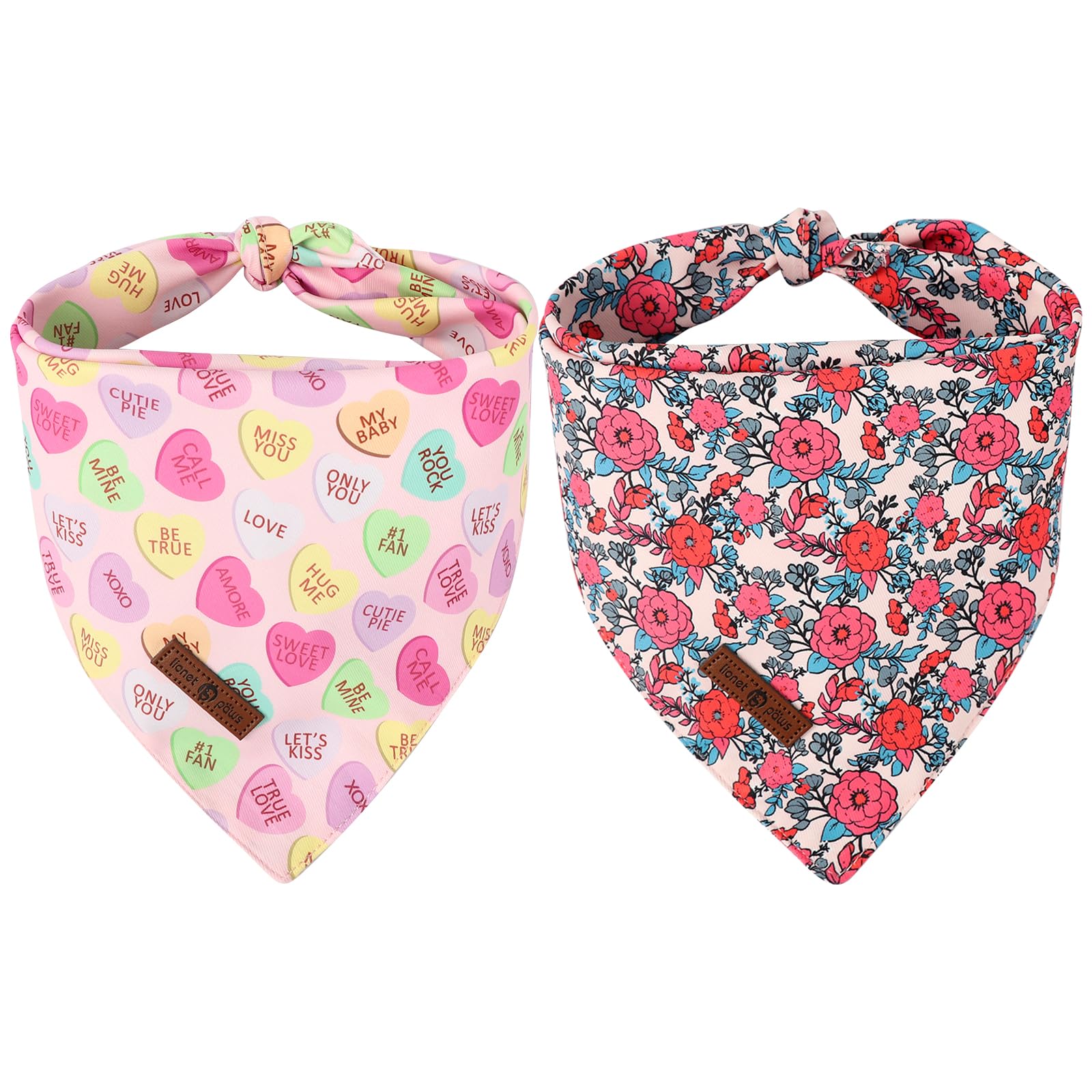 Lionet Paws Valentine'S 2Pcs Dog Bandanas, Red Floral Dog Scarf Bib Premium Fabric, Happy Valentine Heart Bandanas For Small Med