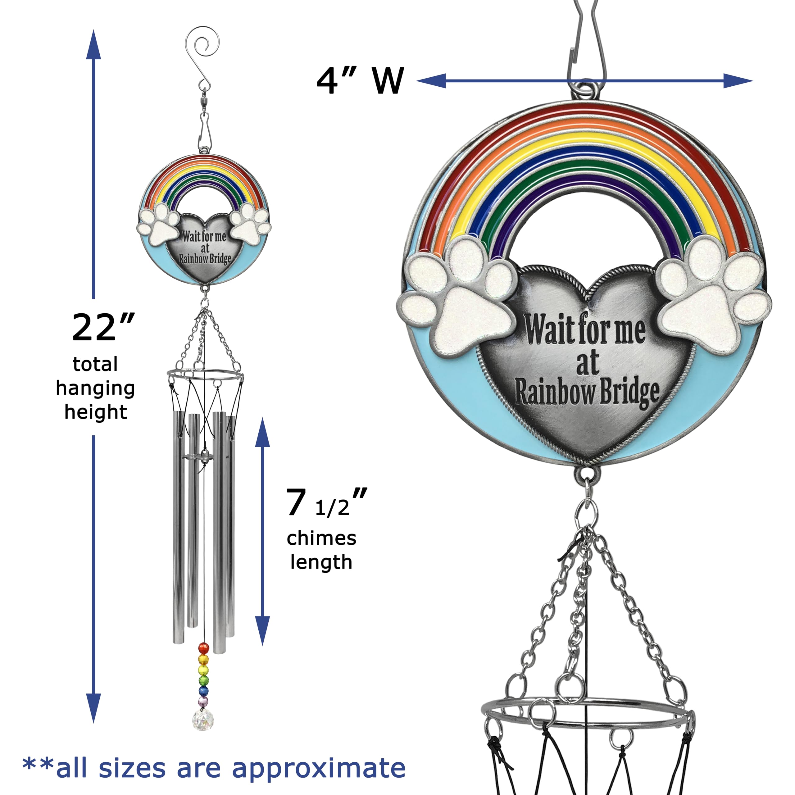Rainbow Bridge Pet Memorial Windchime - Wait For Me At Rainbow Bridge - Loss Of A Pet Dog Or Cat Hang Near Your Pet'S Grave To Help You Remember Them Every Time The Wind Blows. 22' H