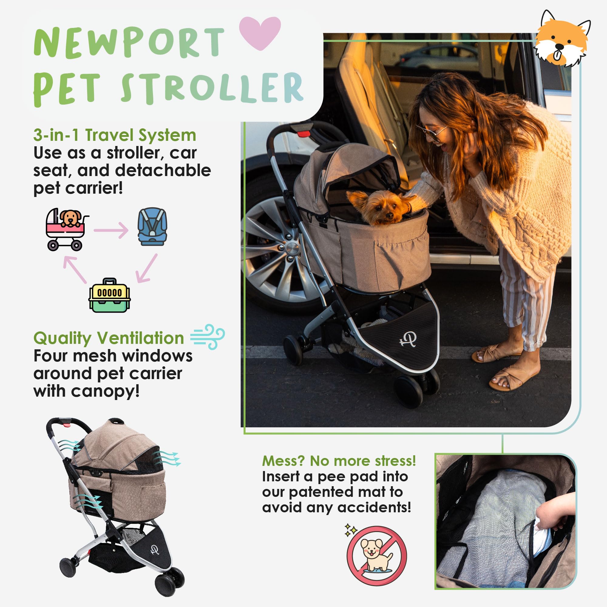 Petique 3-In-1 Newport Pet Stroller (Travel Carrier + Car Seat + Stroller), Easy Trifold/Unfold, 360 Front Rotating Wheel, Small